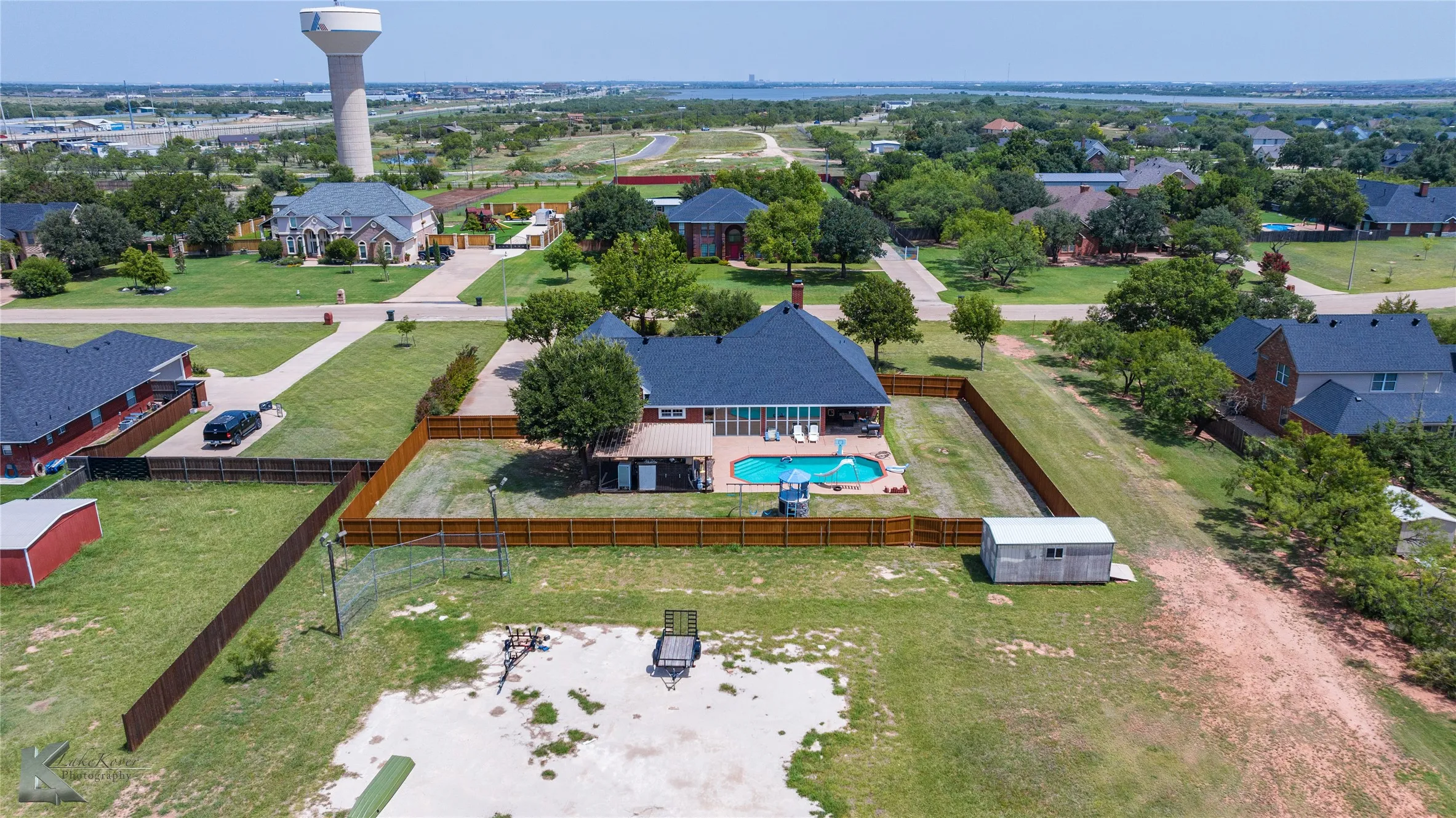 Aerial view of residential area with a pool area