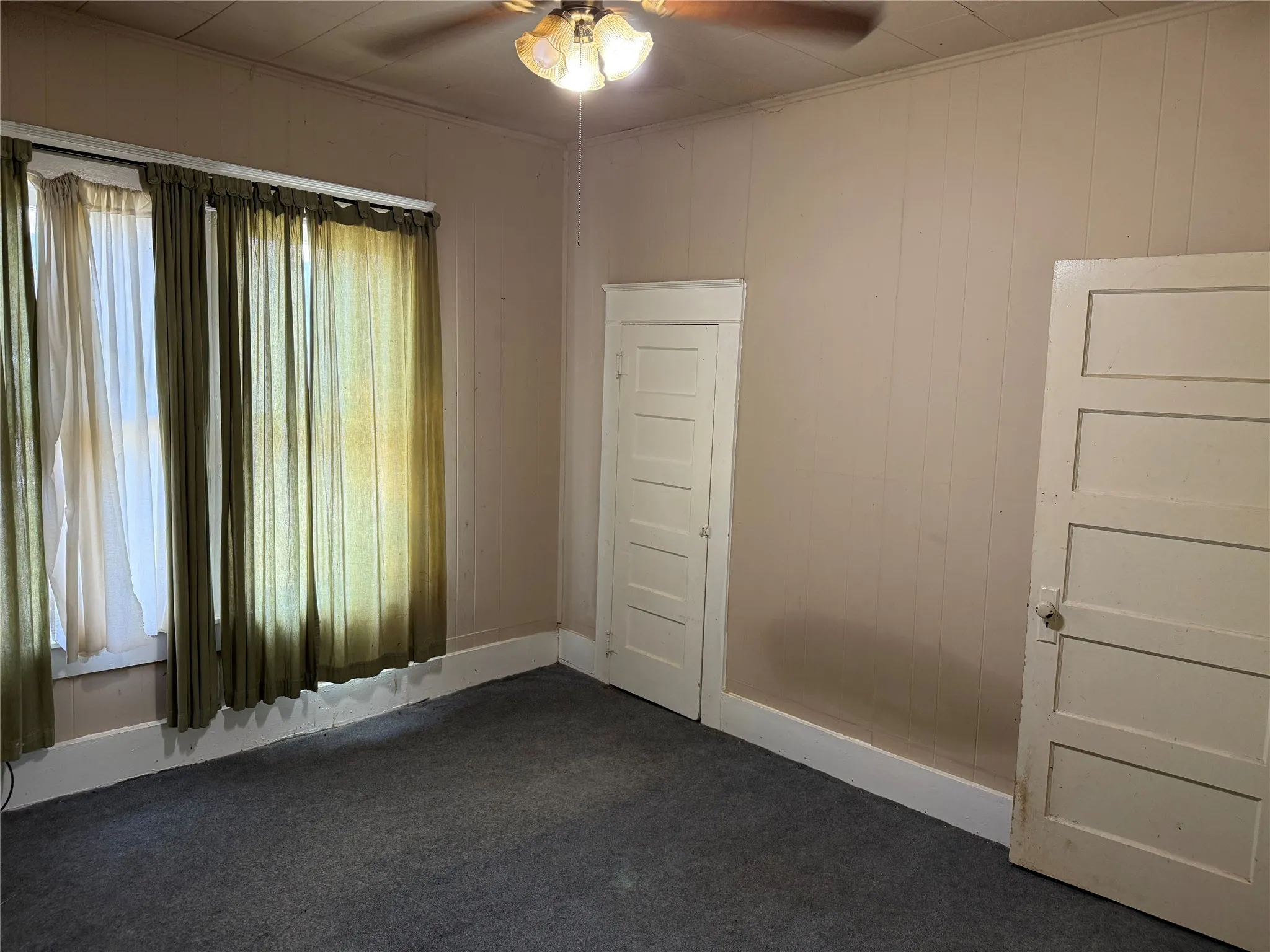 Room featuring light-toned vertical paneling and carpeted flooring