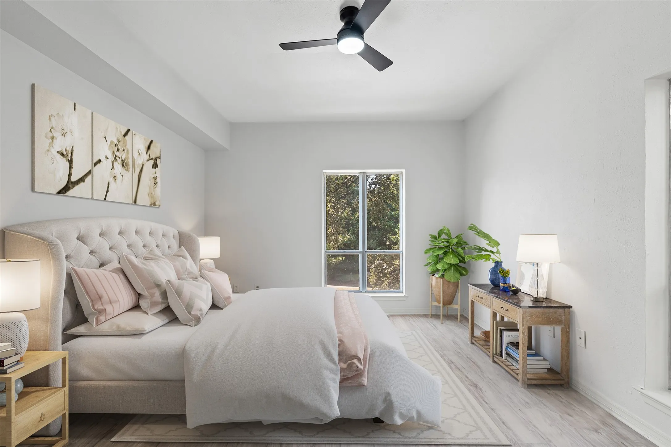 Virtually staged bedroom with abundant natural light.