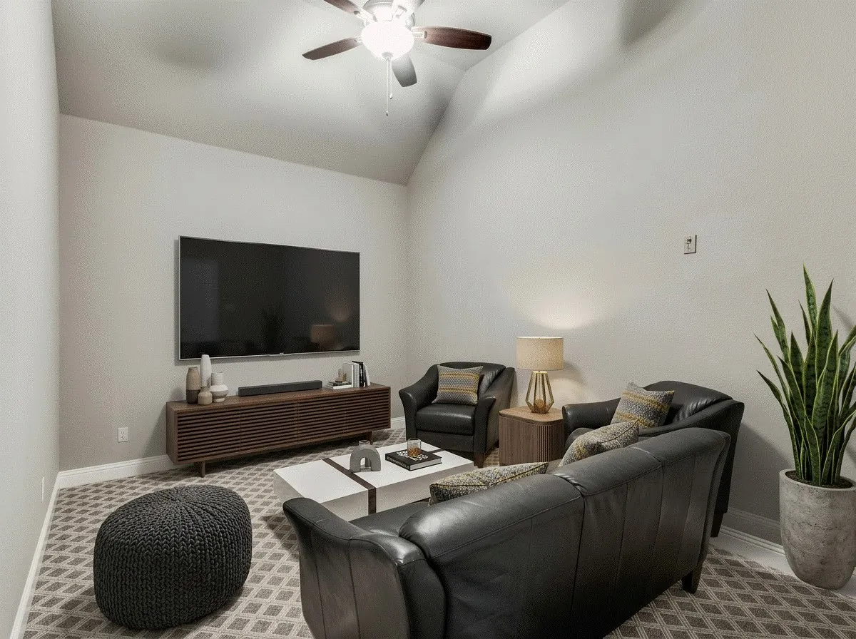 media room featuring a ceiling fan, lofted ceiling, and carpet floors.  AI staged photo