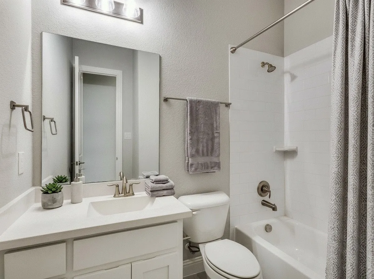 Full bathroom featuring a textured wall, shower / bath combination with curtain, and vanity.  AI staged photo