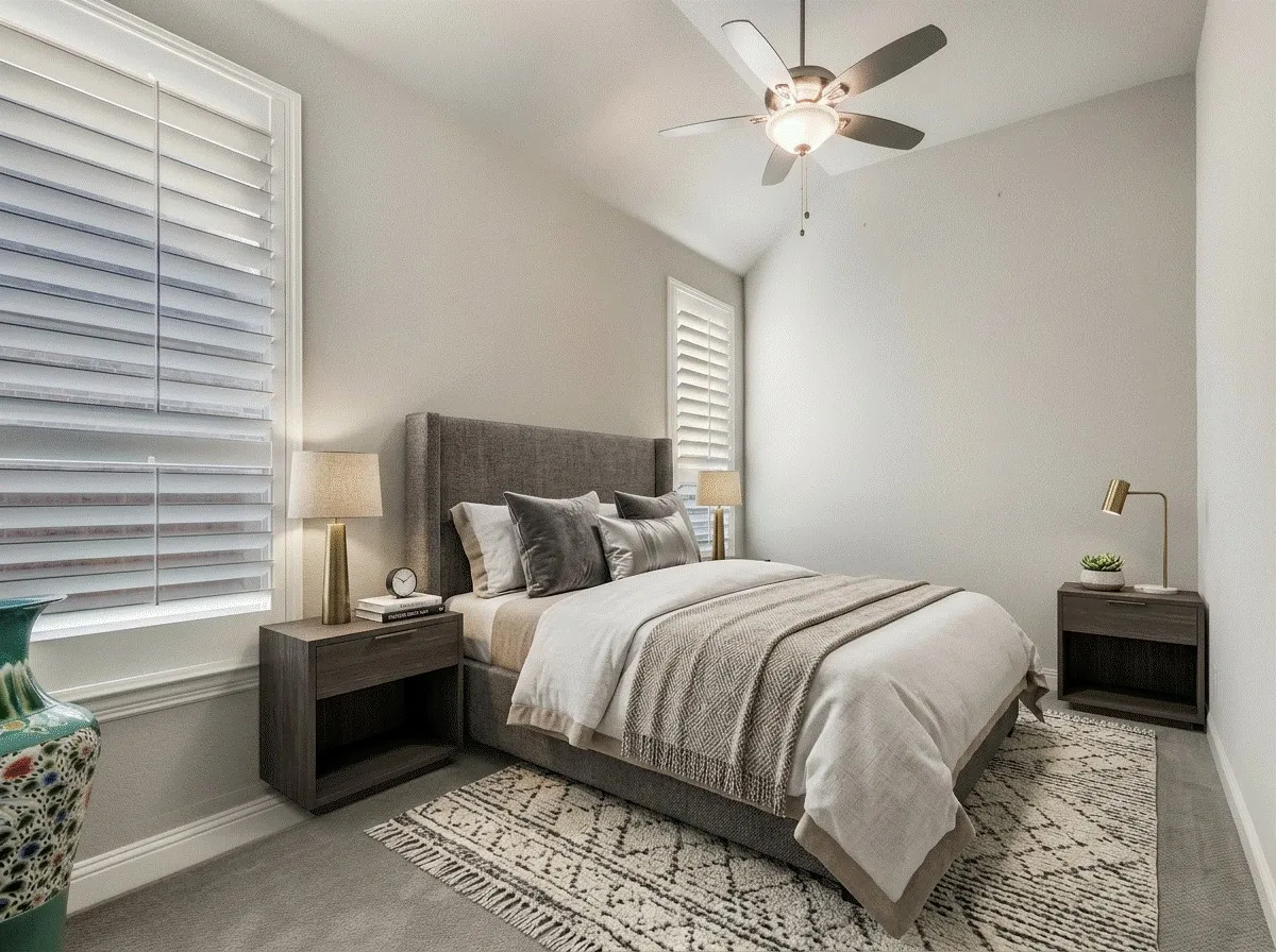 Bedroom with light colored carpet, ceiling fan, and vaulted ceiling.  AI staged photo