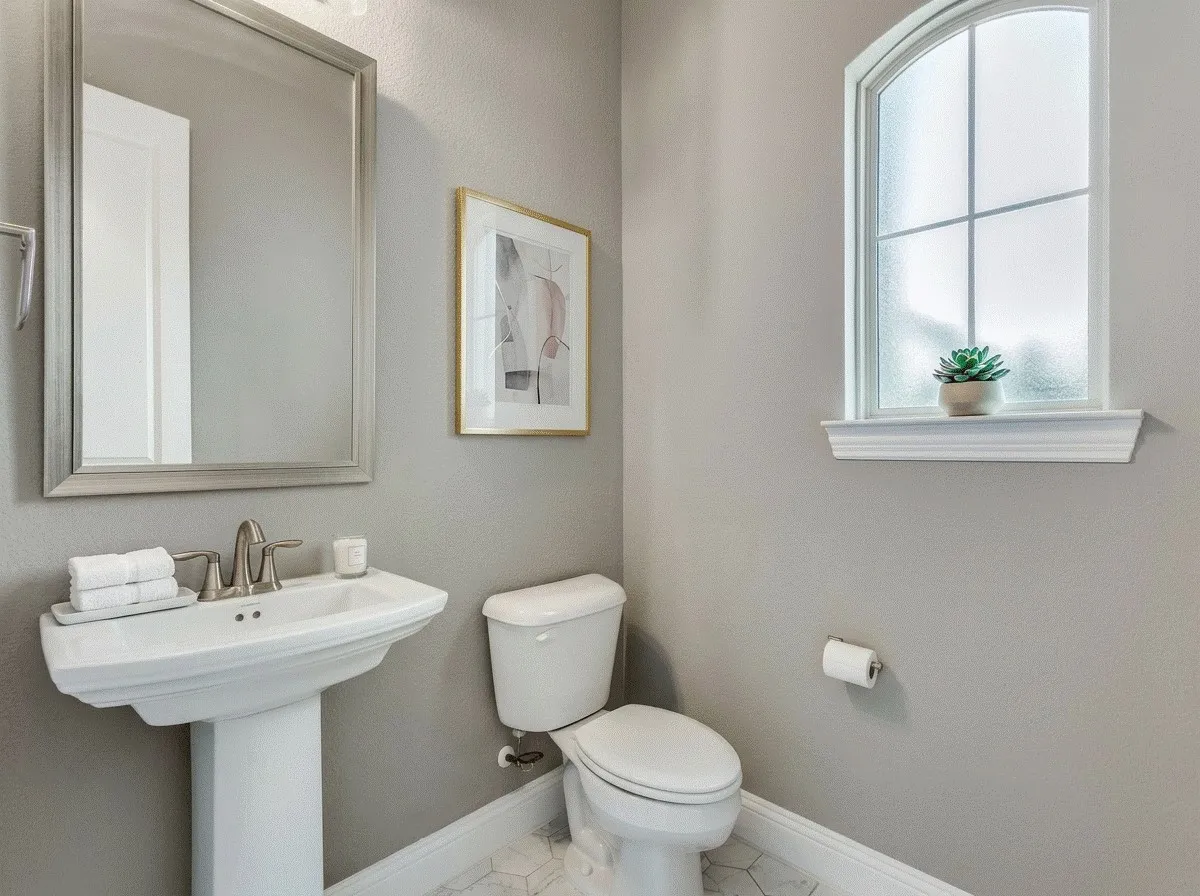 Half Bathroom featuring textured wall and baseboards.  AI staged photo