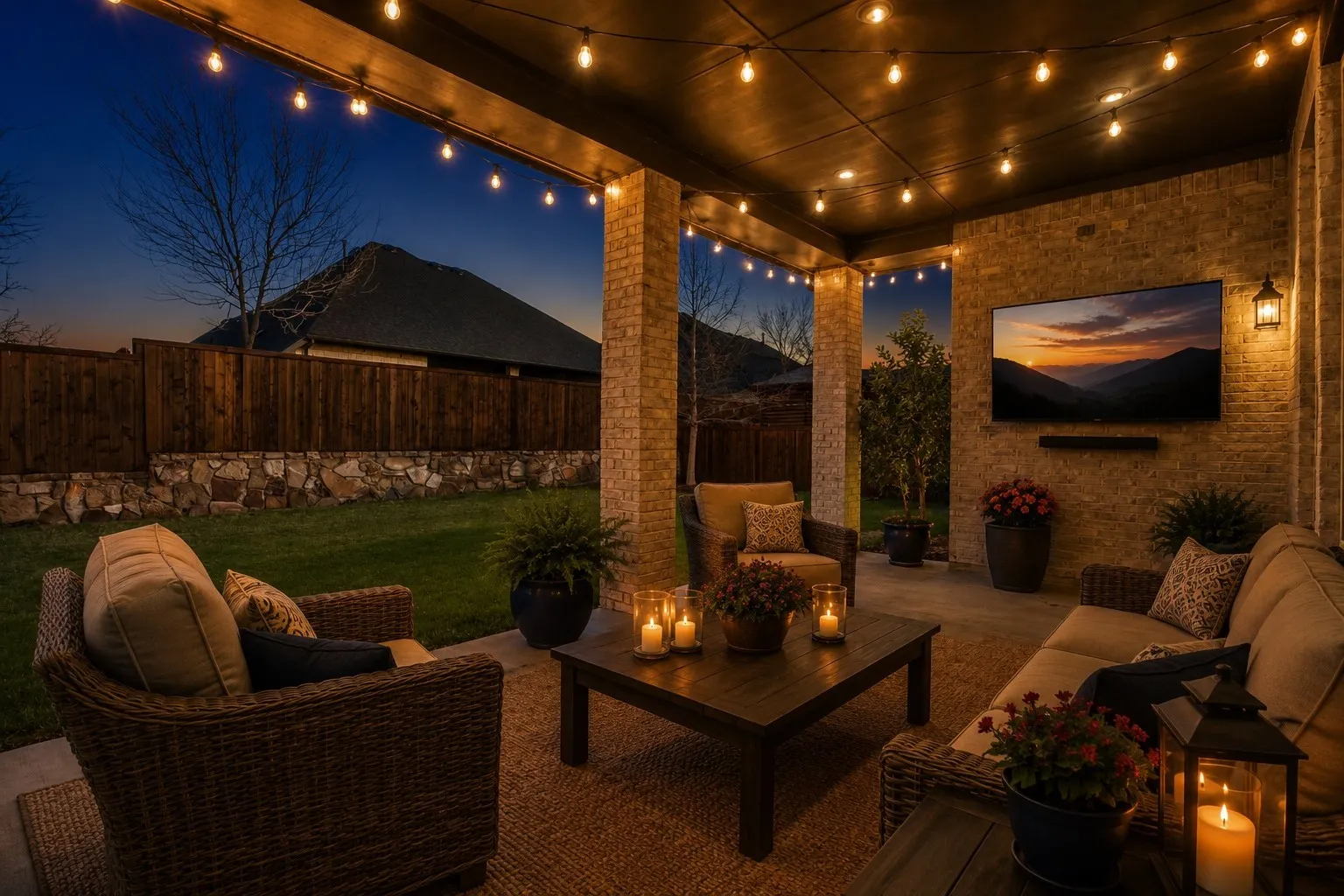 Covered patio featuring string lighting and a mounted flat-screen.
AI Enhanced