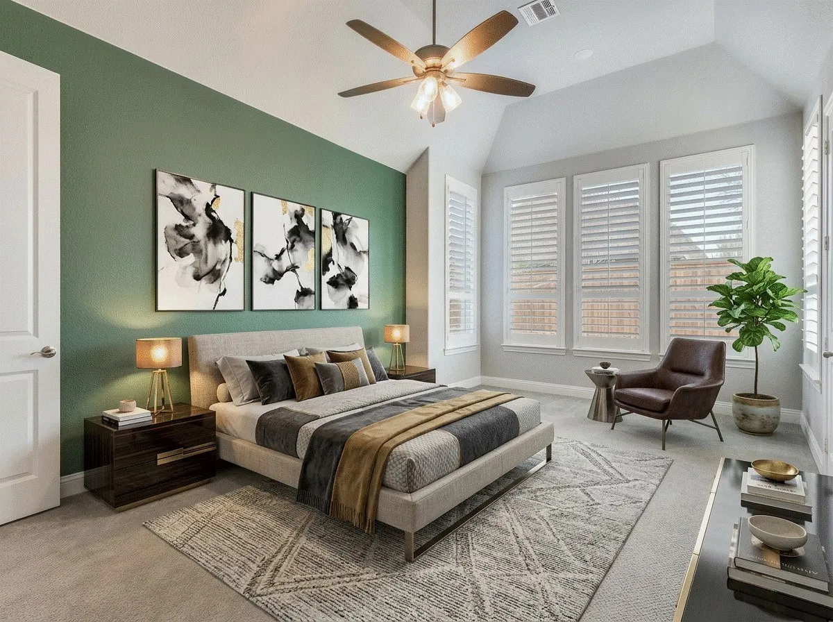 Primary bedroom with vaulted eiling, ceiling fan, and recessed lighting. AI staged photo