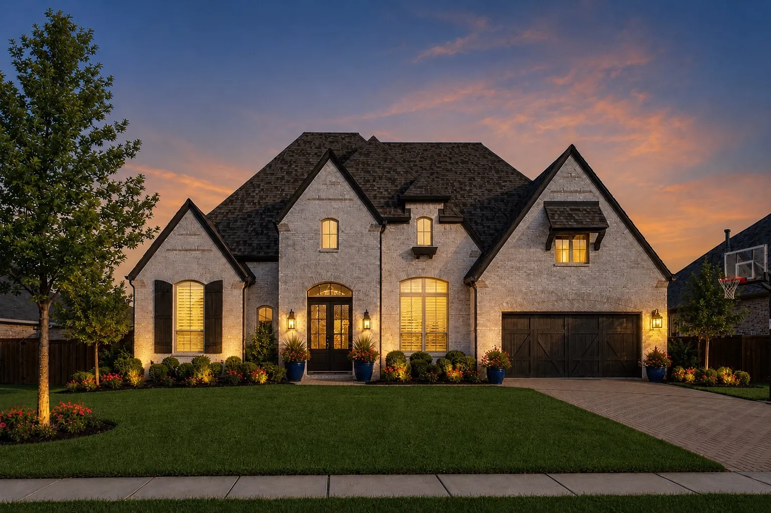 White brick exterior with dark trim and a dark shingle roof.
AI Enhanced
