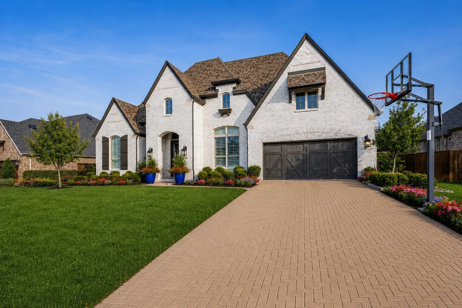White brick exterior featuring a multi-gabled roof and dark garage doors