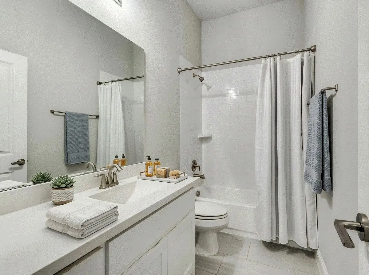 Bathroom featuring vanity and shower / bath combo.  AI staged photo