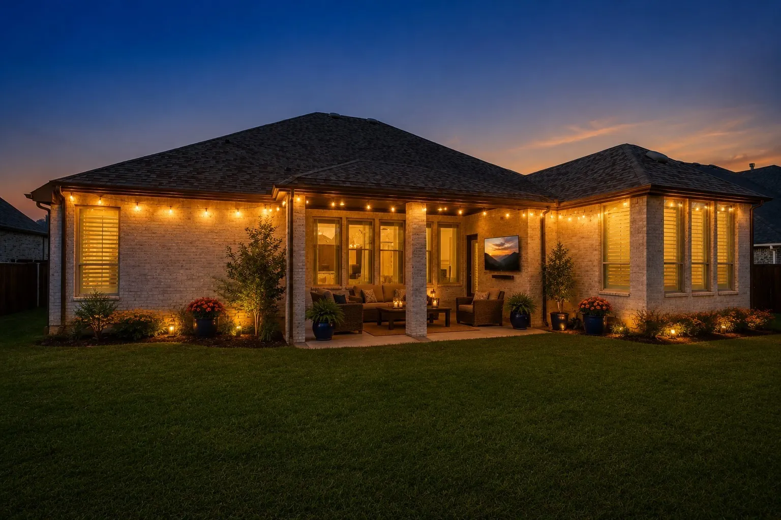 Rear exterior with a covered patio, string lighting, and brick facade.
AI enhanced