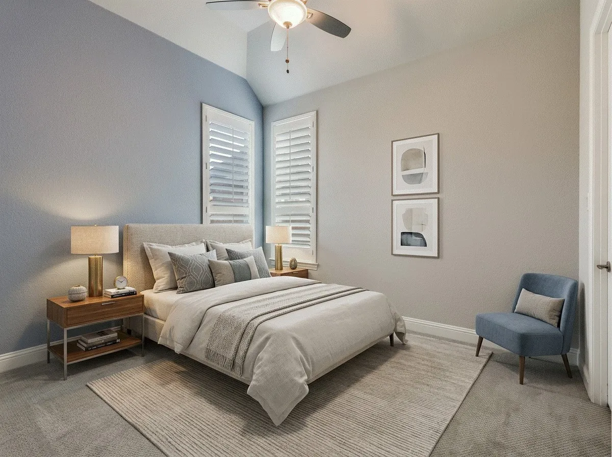 Bedroom featuring light colored carpet, vaulted ceiling, and a ceiling fan.  AI staged photo
