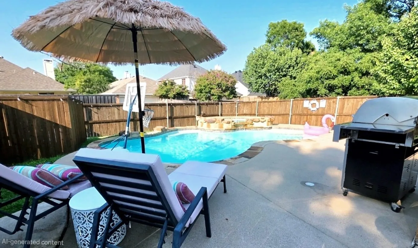 View of swimming pool featuring area for grilling, a fenced backyard, and a patio area