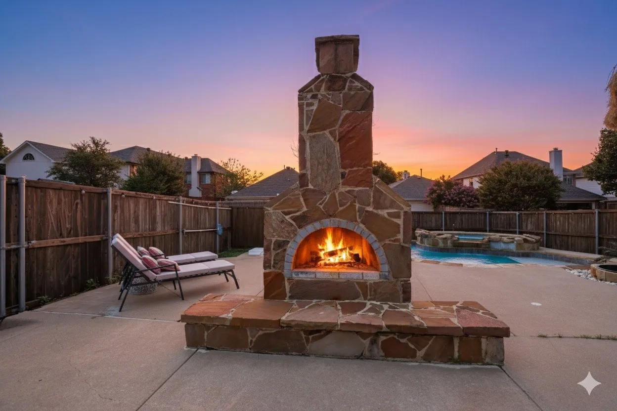 Fenced backyard featuring a patio area, an outdoor stone fireplace, and a pool with connected hot tub