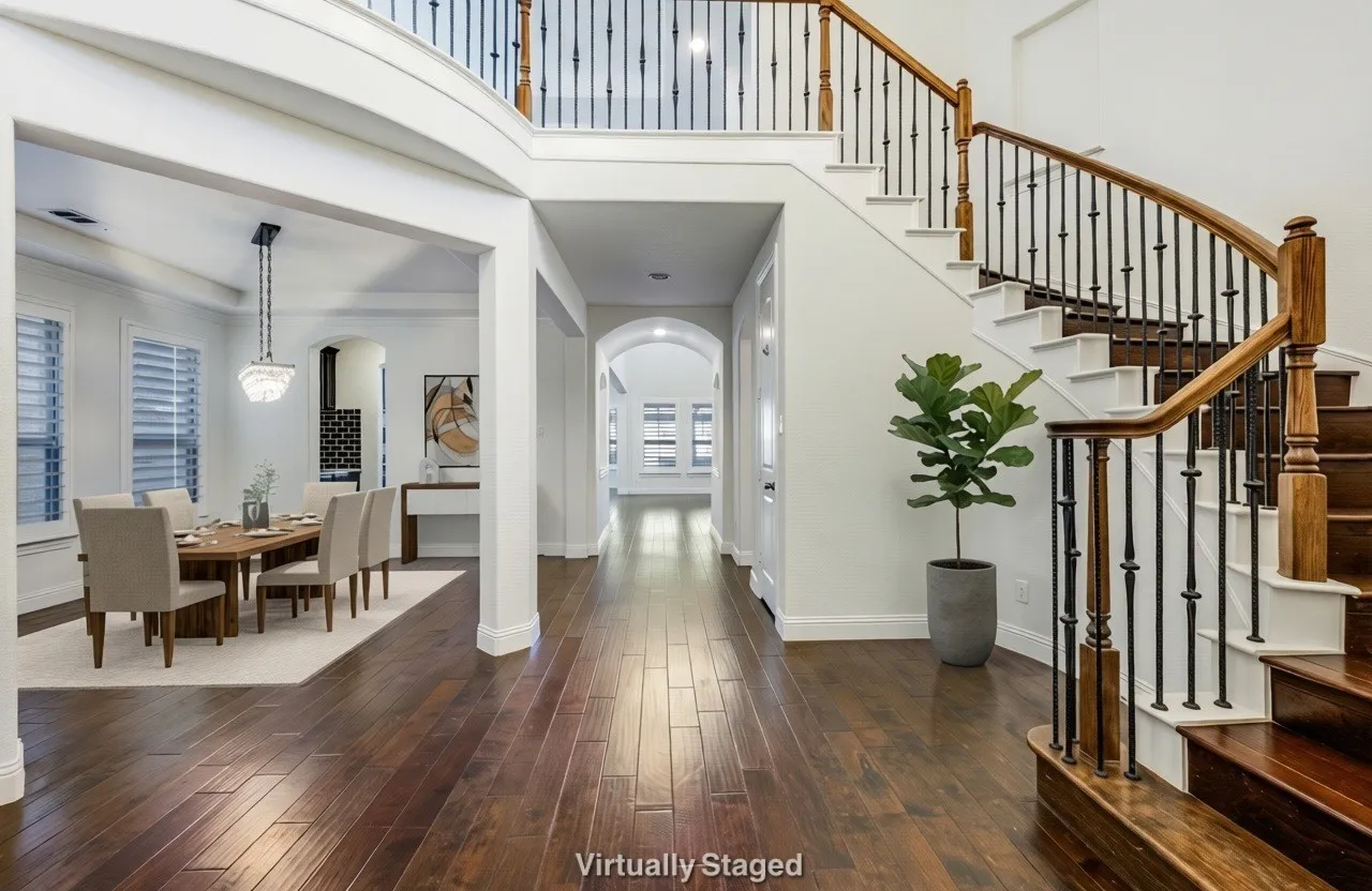 Entryway with dark wood-type flooring, arched walkways, and a high ceiling