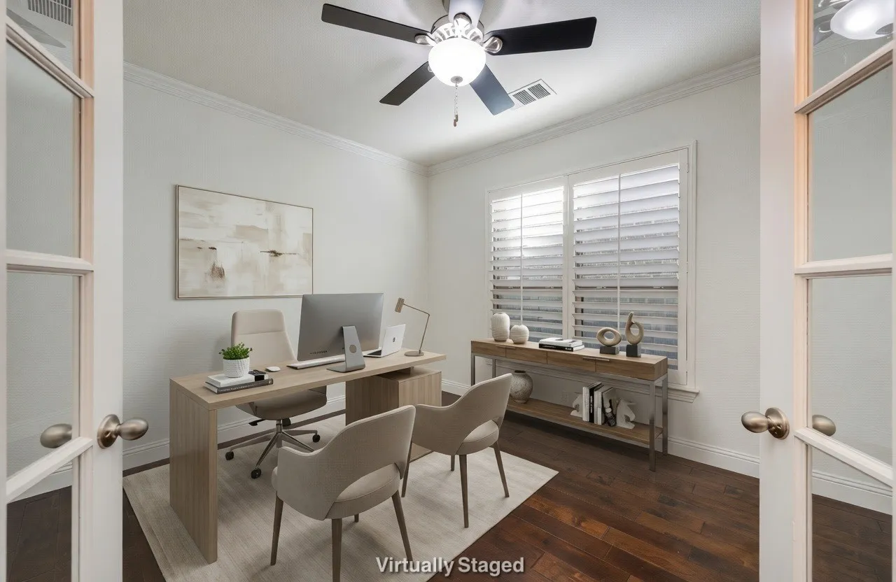 Office featuring french doors, dark wood-type flooring, crown molding, and a ceiling fan