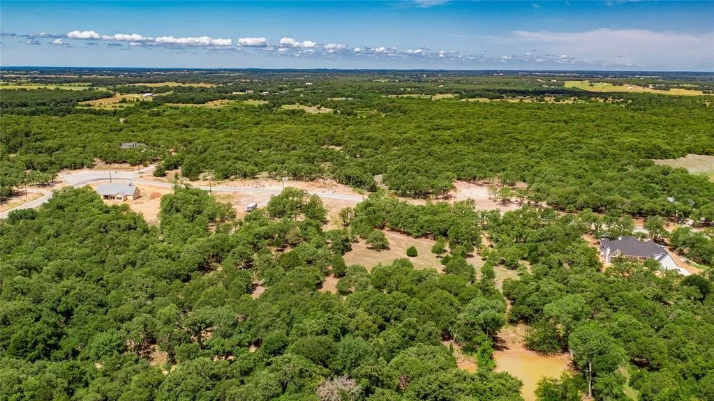 Aerial view of the 2-acre lot offering lots of trees and beautiful rolling terrain.
