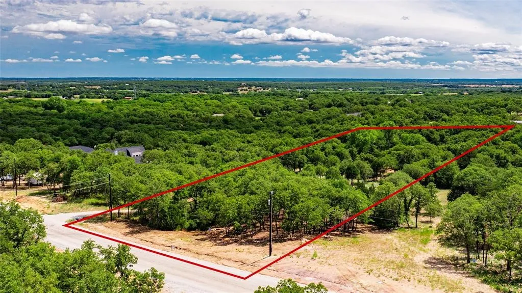 Aerial view of the 2-acre lot offering lots of trees and beautiful rolling terrain.