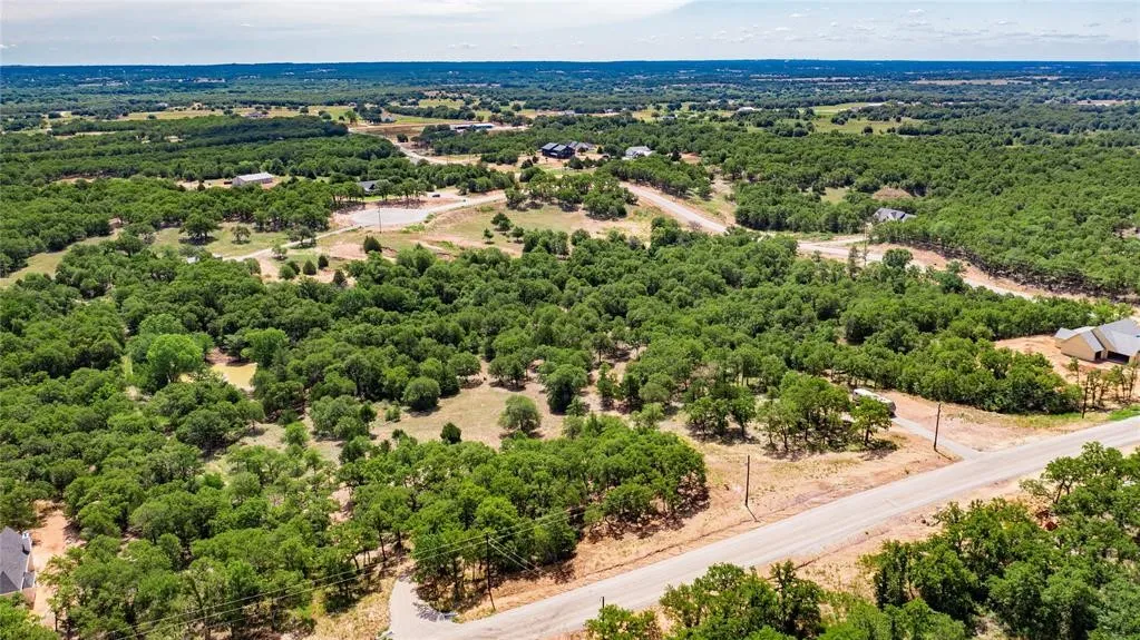 Aerial view of the 2-acre lot offering lots of trees and beautiful rolling terrain.