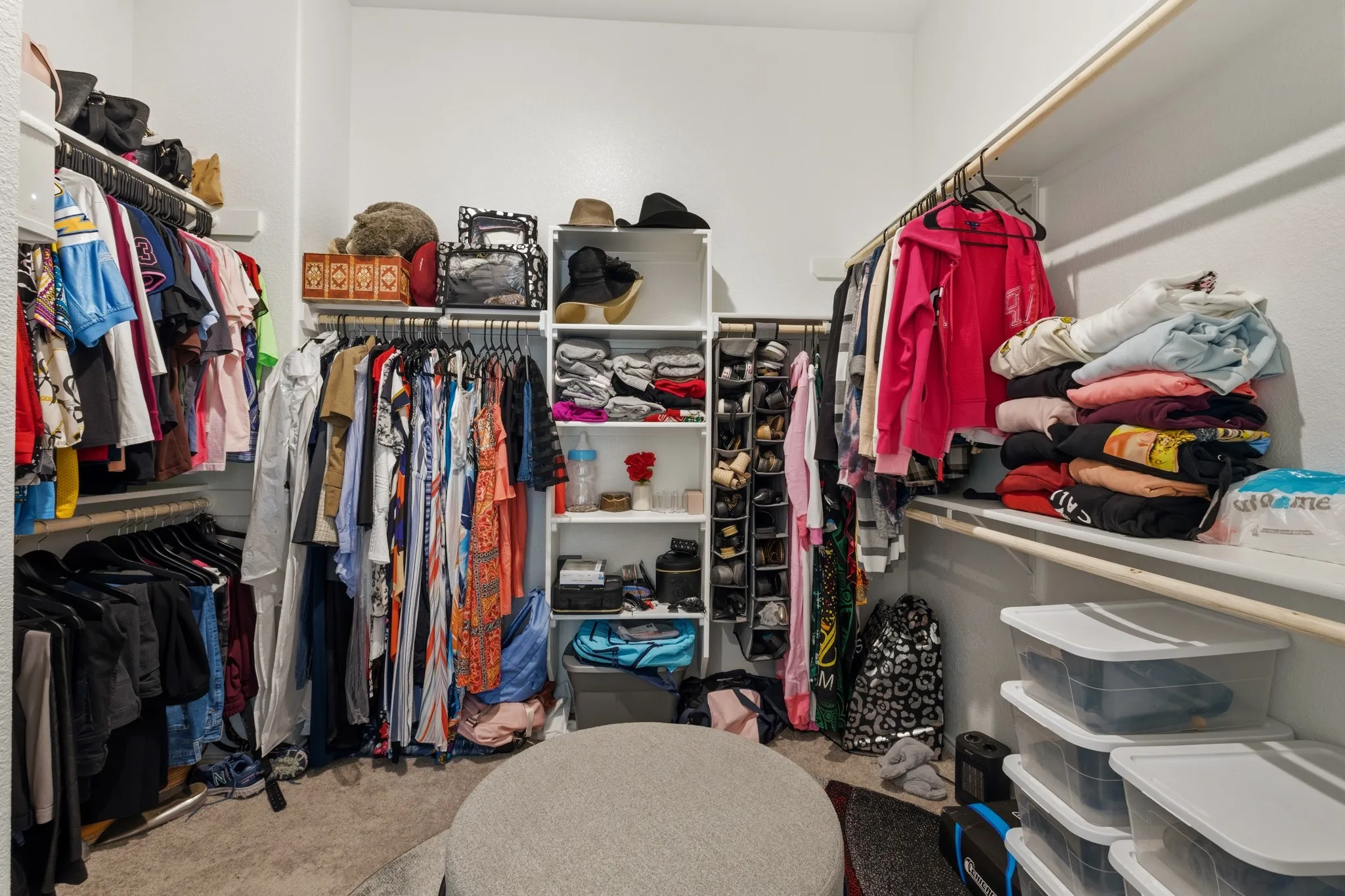 Large walk in primary closet with light carpet