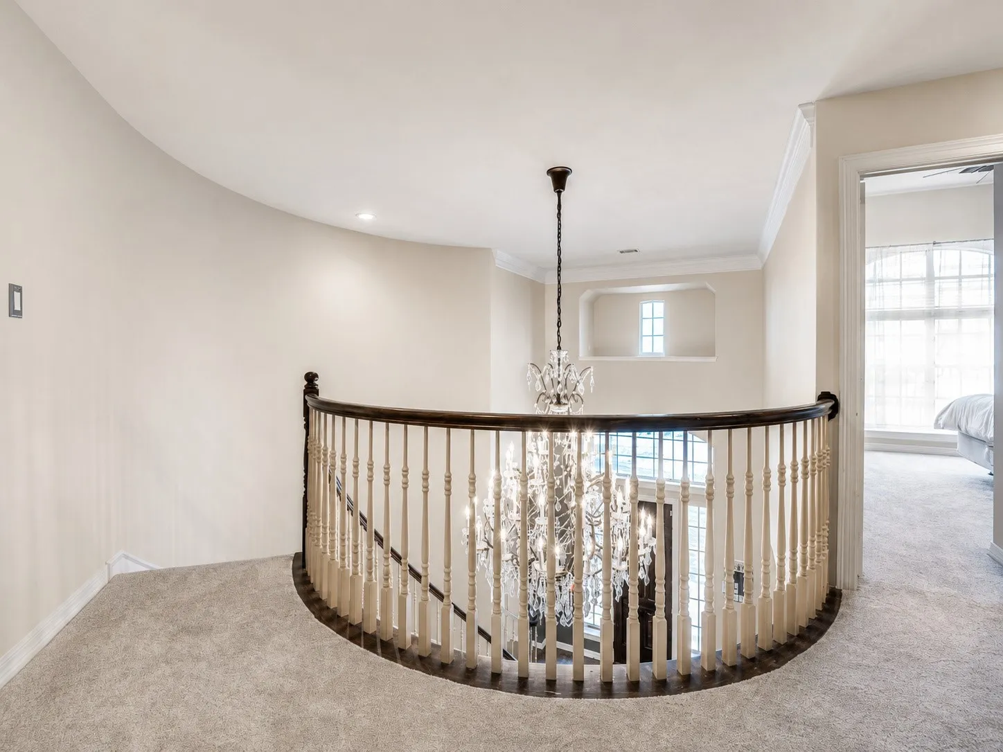 Freshly painted beige and spindles painted white