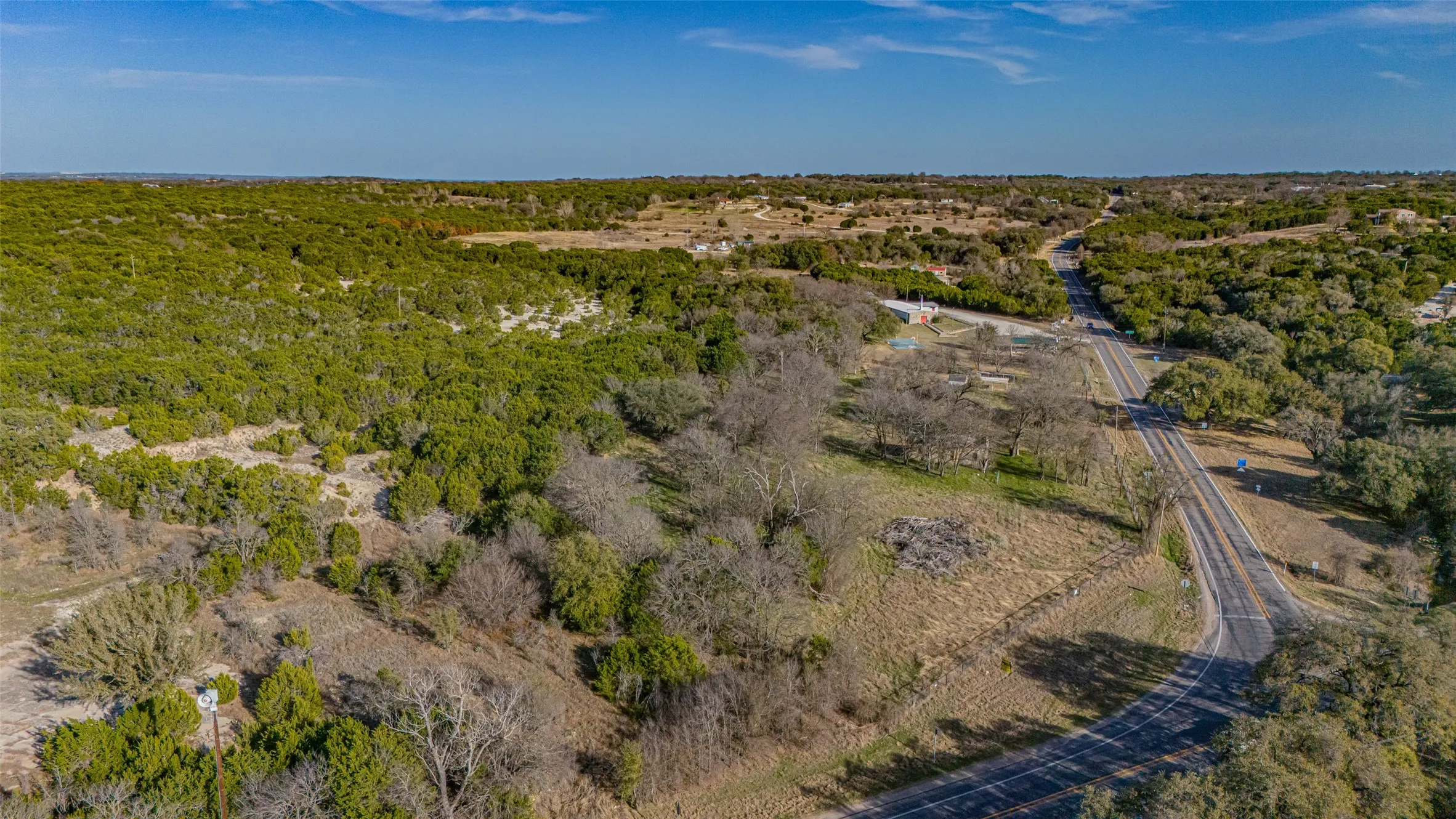 Aerial view of a heavily wooded area