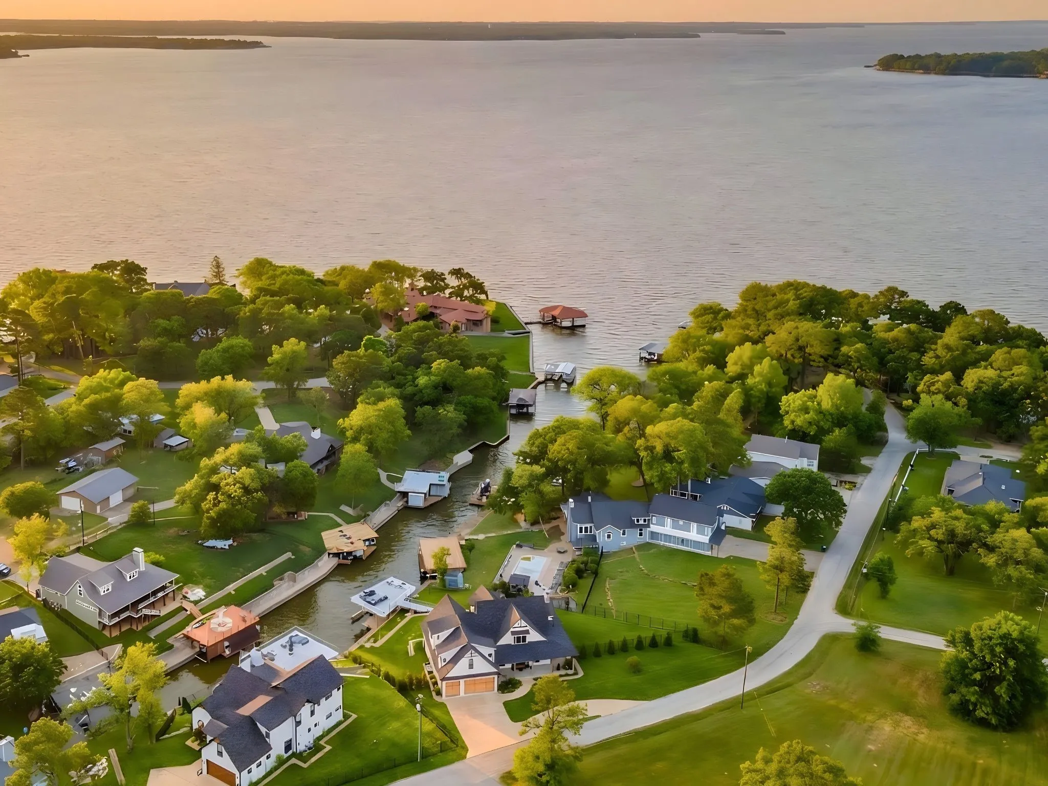 Aerial perspective showcasing waterfront properties with private boat docks