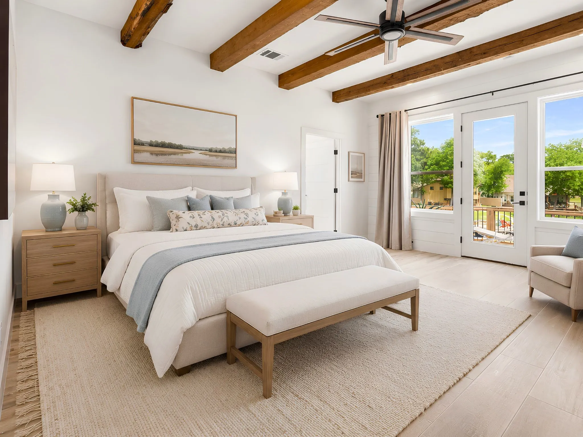 Spacious bedroom featuring exposed wooden ceiling beams and a contemporary ceiling fan