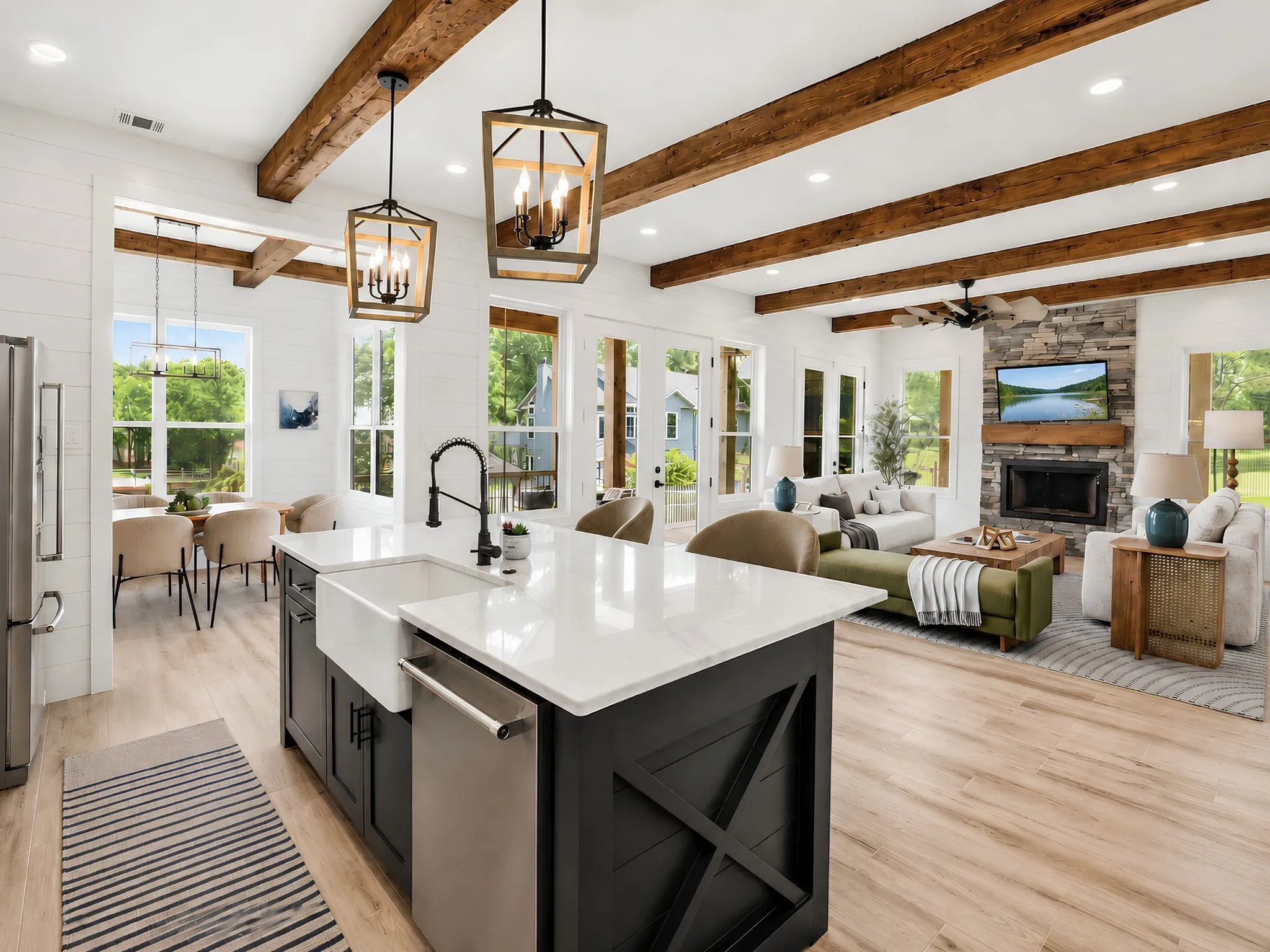 Central kitchen island with a farmhouse sink and quartz countertop, complemented by exposed wood beams