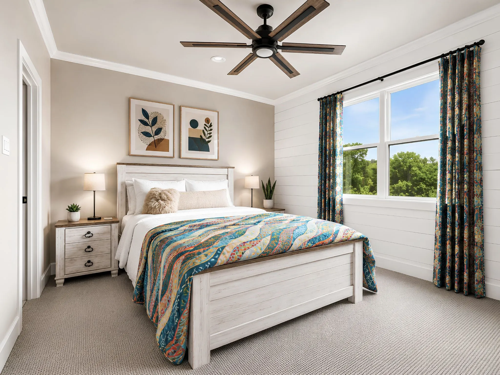 Bedroom featuring a window with a green tree backdrop, crown molding, a ceiling fan with wood-finish blades, and shiplap accent wall