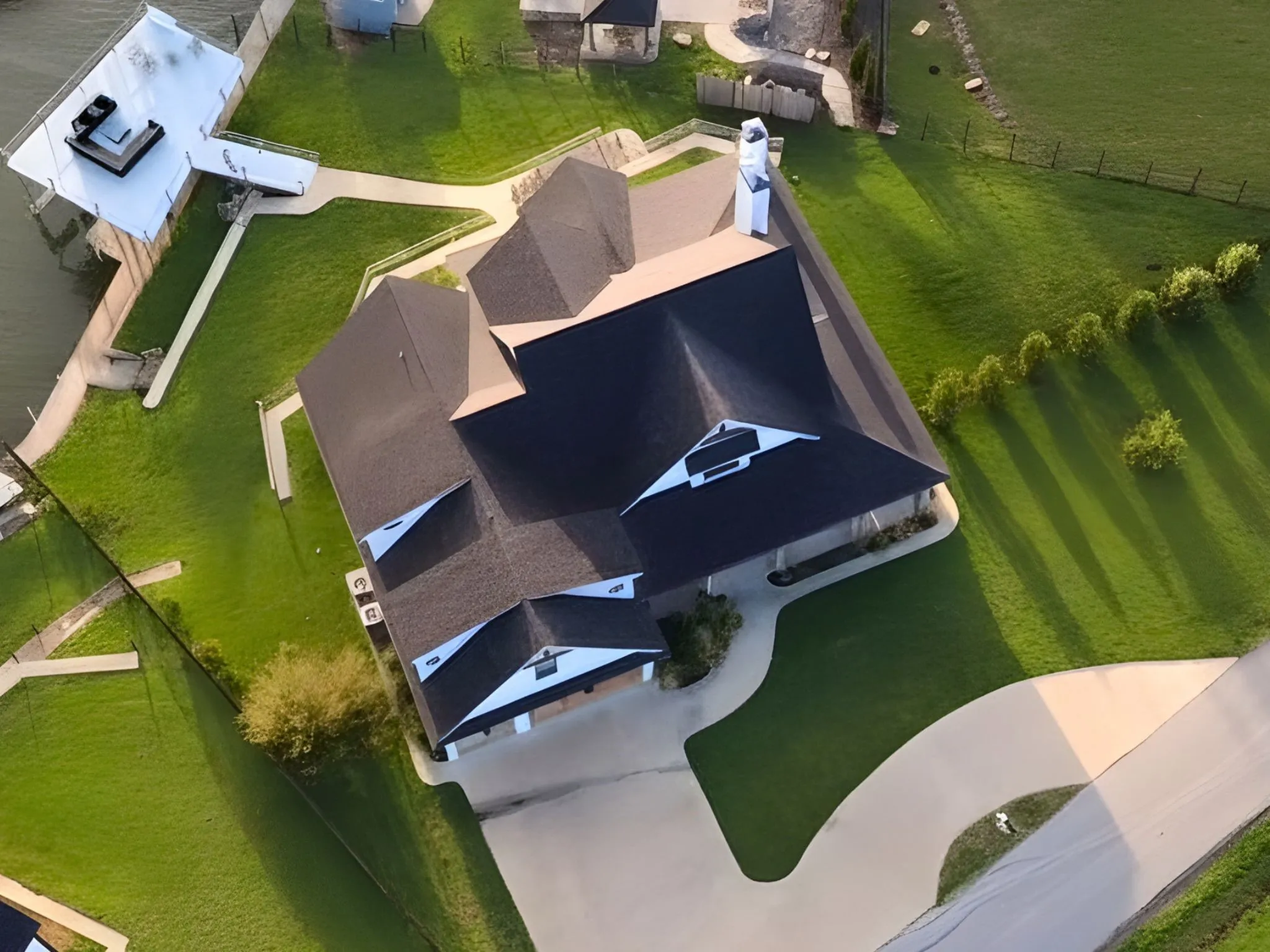 Expansive property with a dark shingle roof and multiple gables