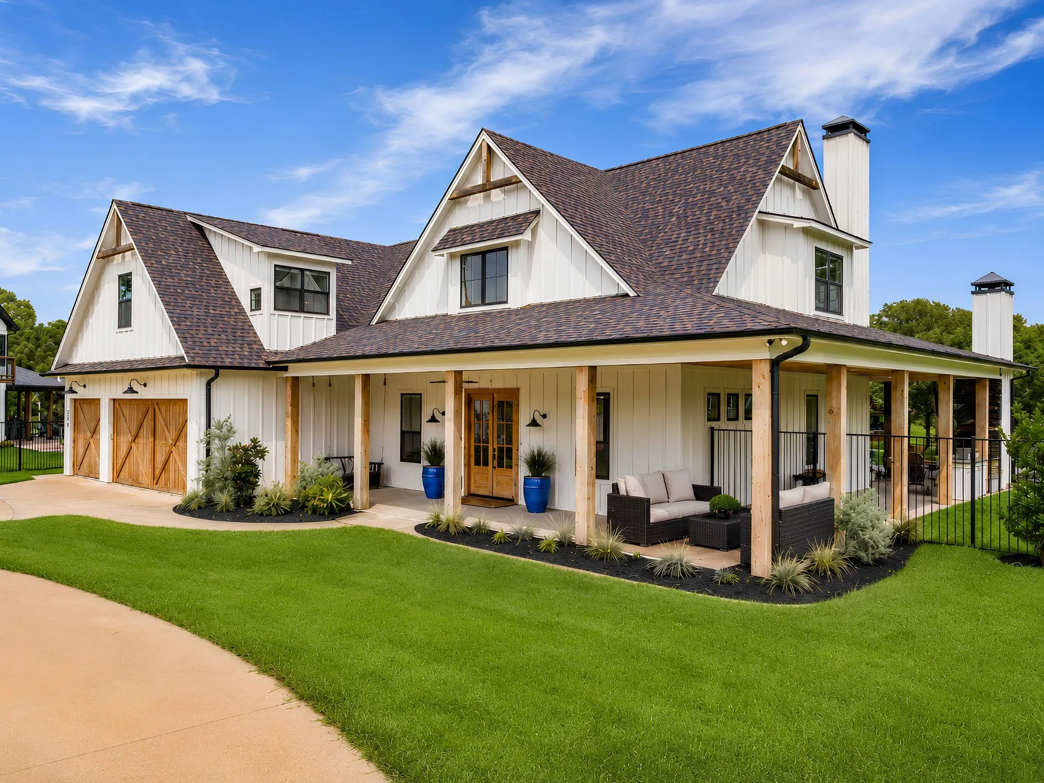 Modern farmhouse exterior with white board and batten siding, a dark shingle roof, and a full-length covered porch
