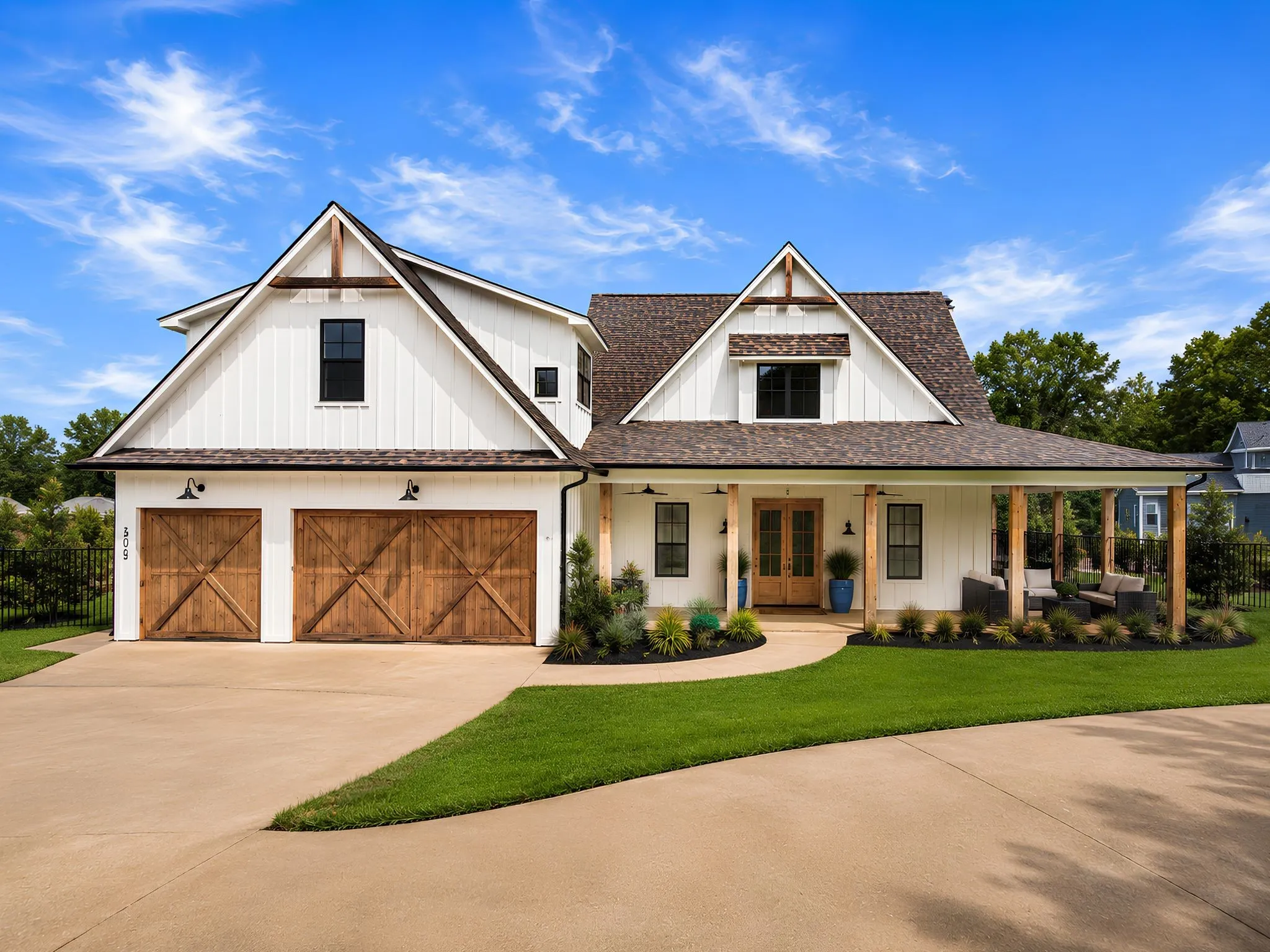 Modern farmhouse exterior featuring white board and batten siding, a covered front porch with timber posts, and an asphalt shingle roof