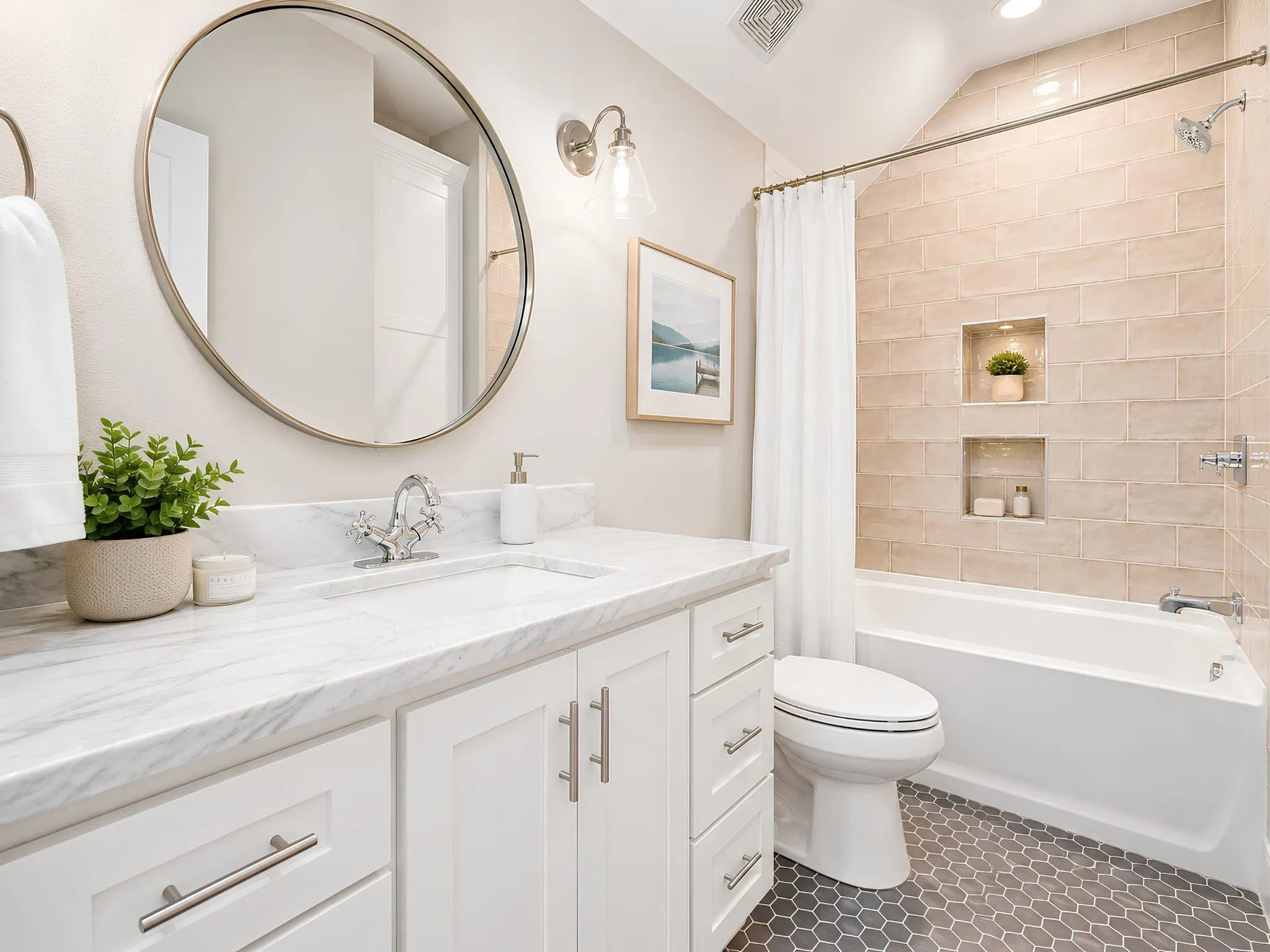 Bathroom featuring a white vanity with a stone countertop, an integrated sink, and brushed nickel hardware