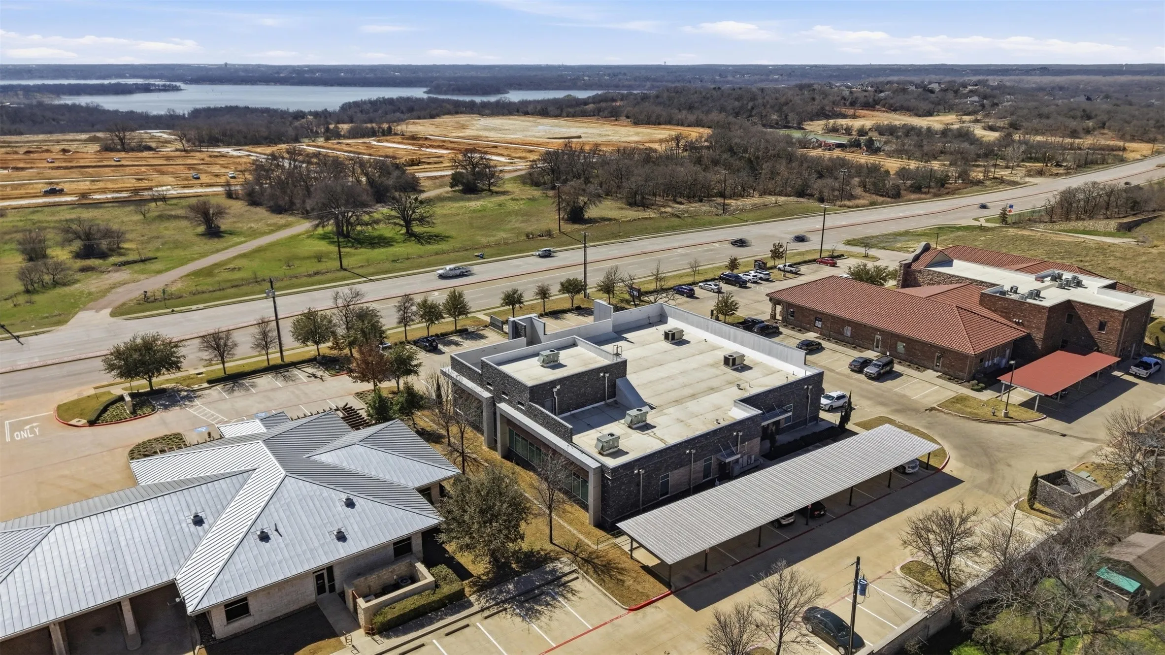 Aerial view of a nearby body of water