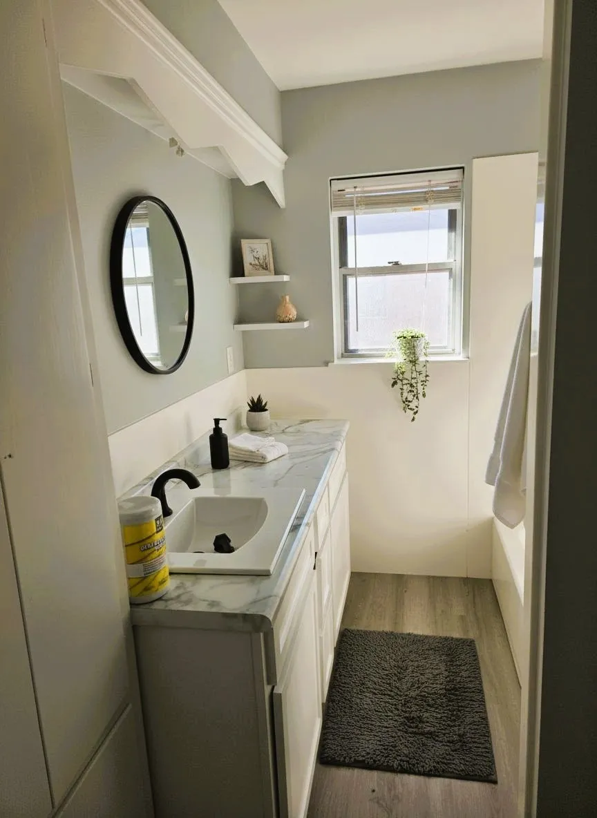 Full bath with vanity and light wood-type flooring. Virtual Staging