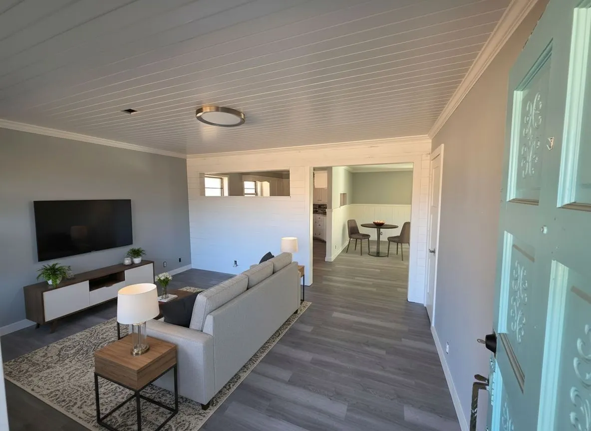Living area with crown molding and dark wood-style floors
