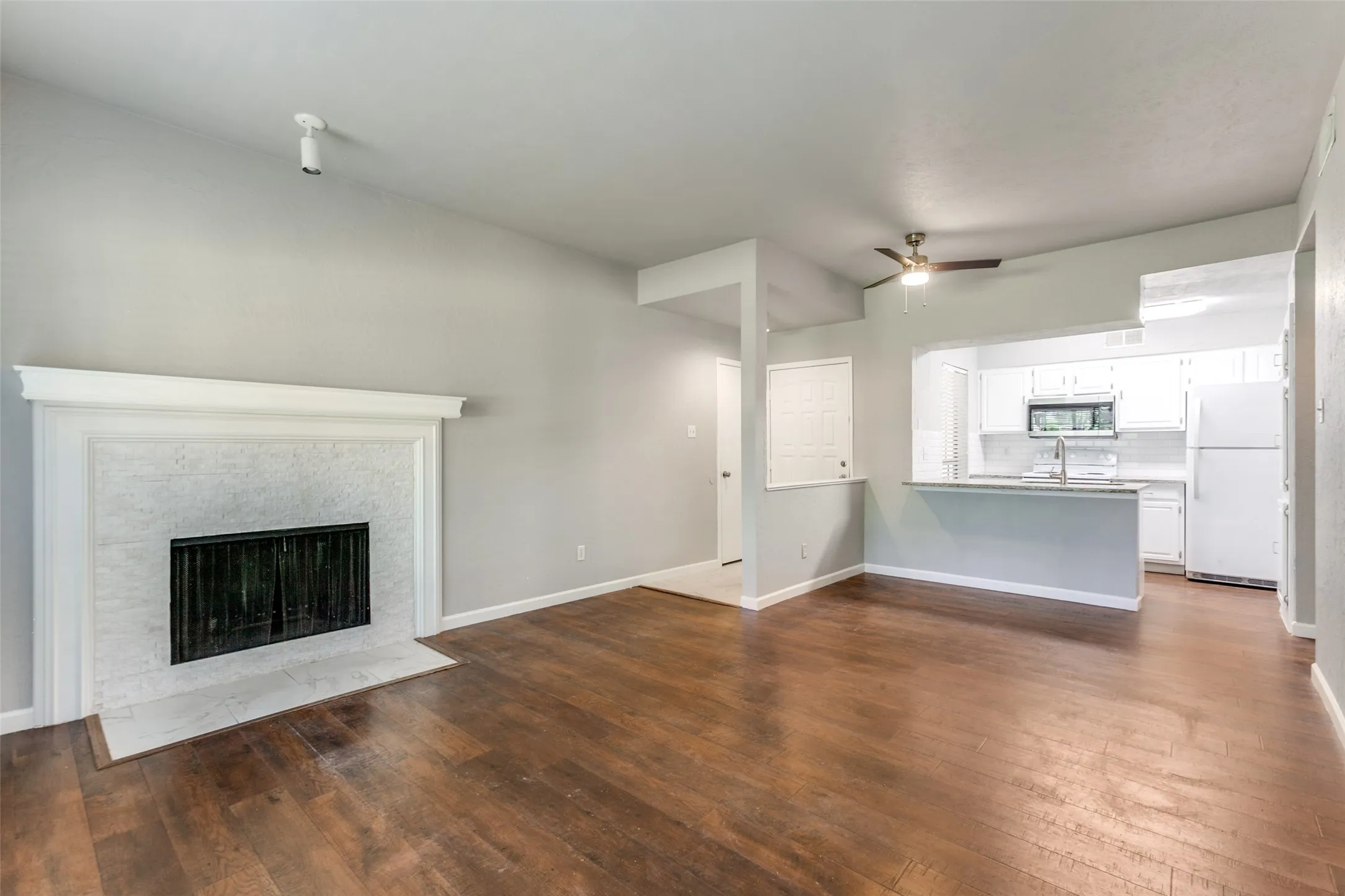 wood burning fireplace, entry and breakfast area.