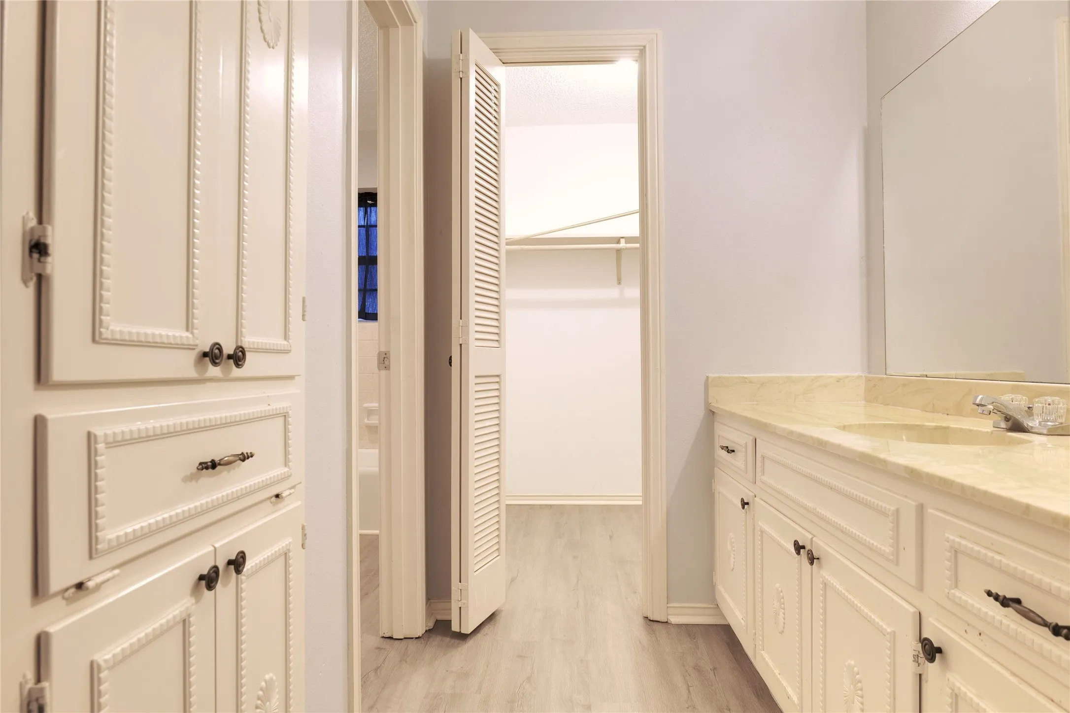 Bathroom featuring vanity, light wood-style floors, and a walk in closet