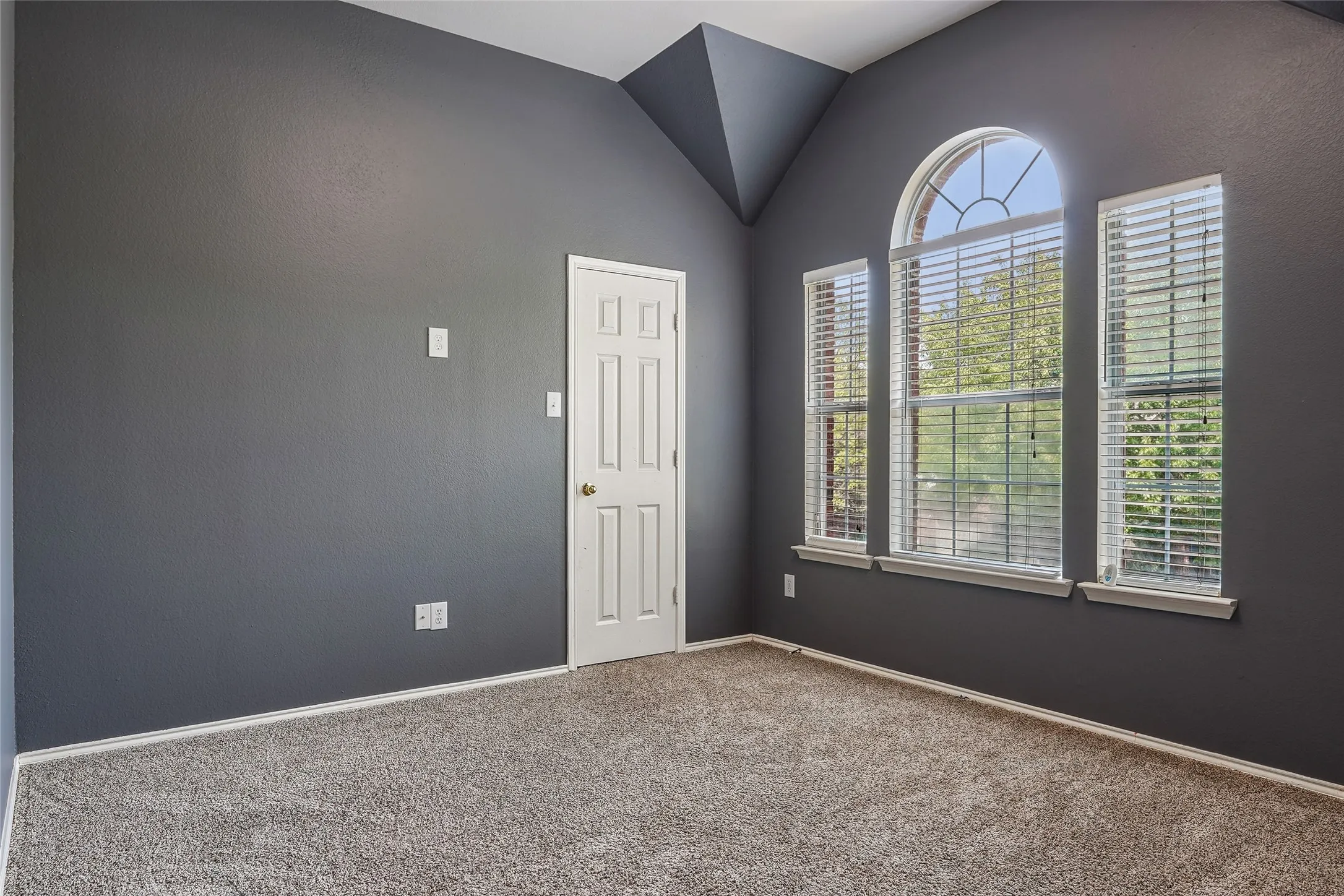 Spare room featuring vaulted ceiling and carpet