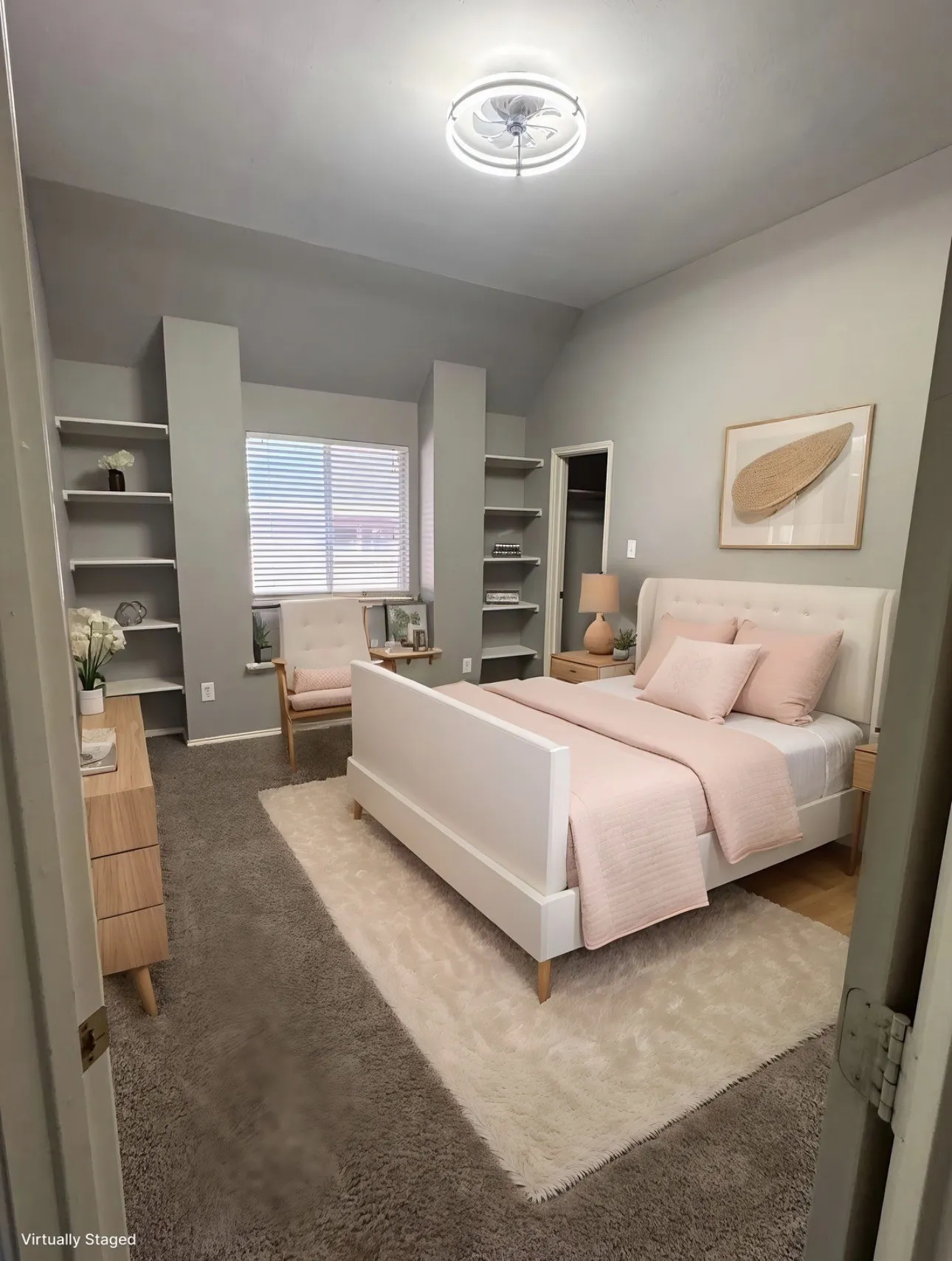 Bedroom with lofted ceiling and dark colored carpet