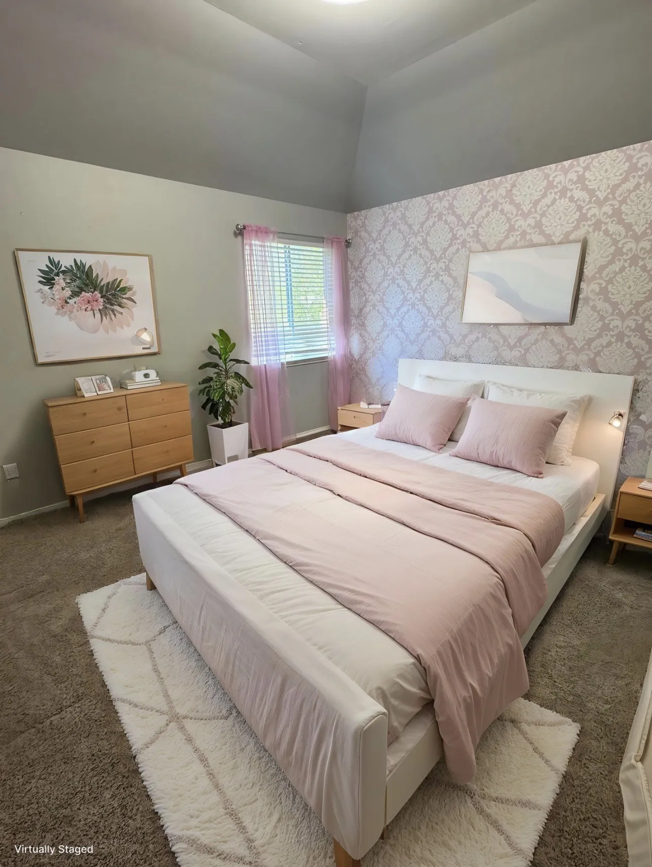 Carpeted bedroom featuring wallpapered walls and vaulted ceiling
