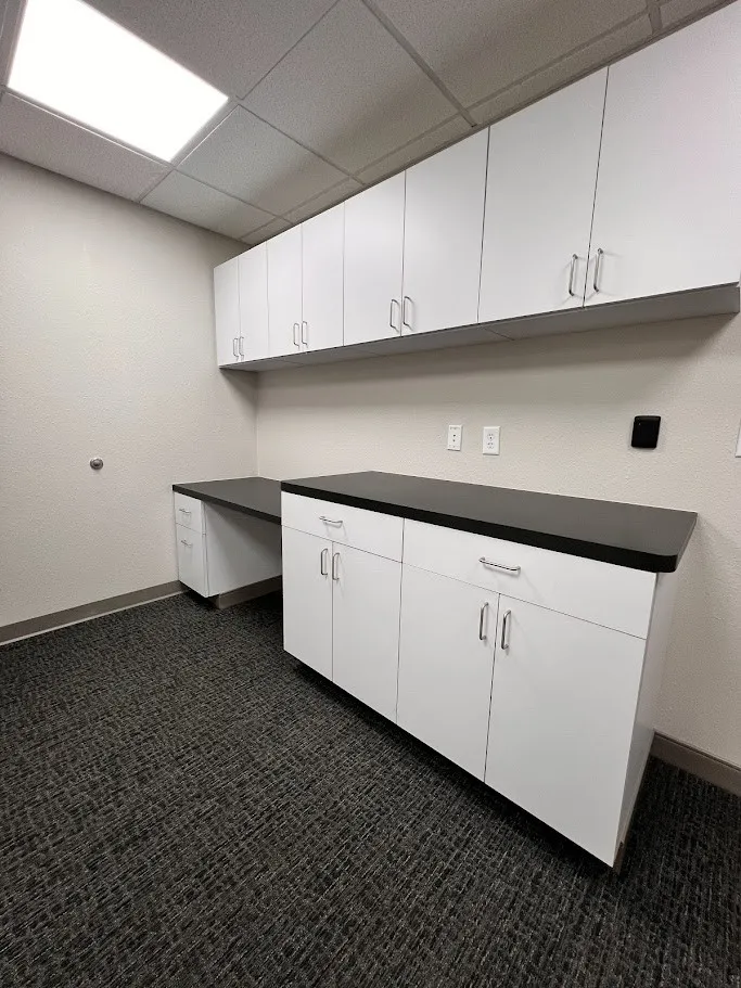 Unfurnished office featuring a paneled ceiling and dark colored carpet