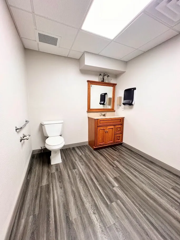 Bathroom featuring vanity, dark wood-style flooring, and a drop ceiling