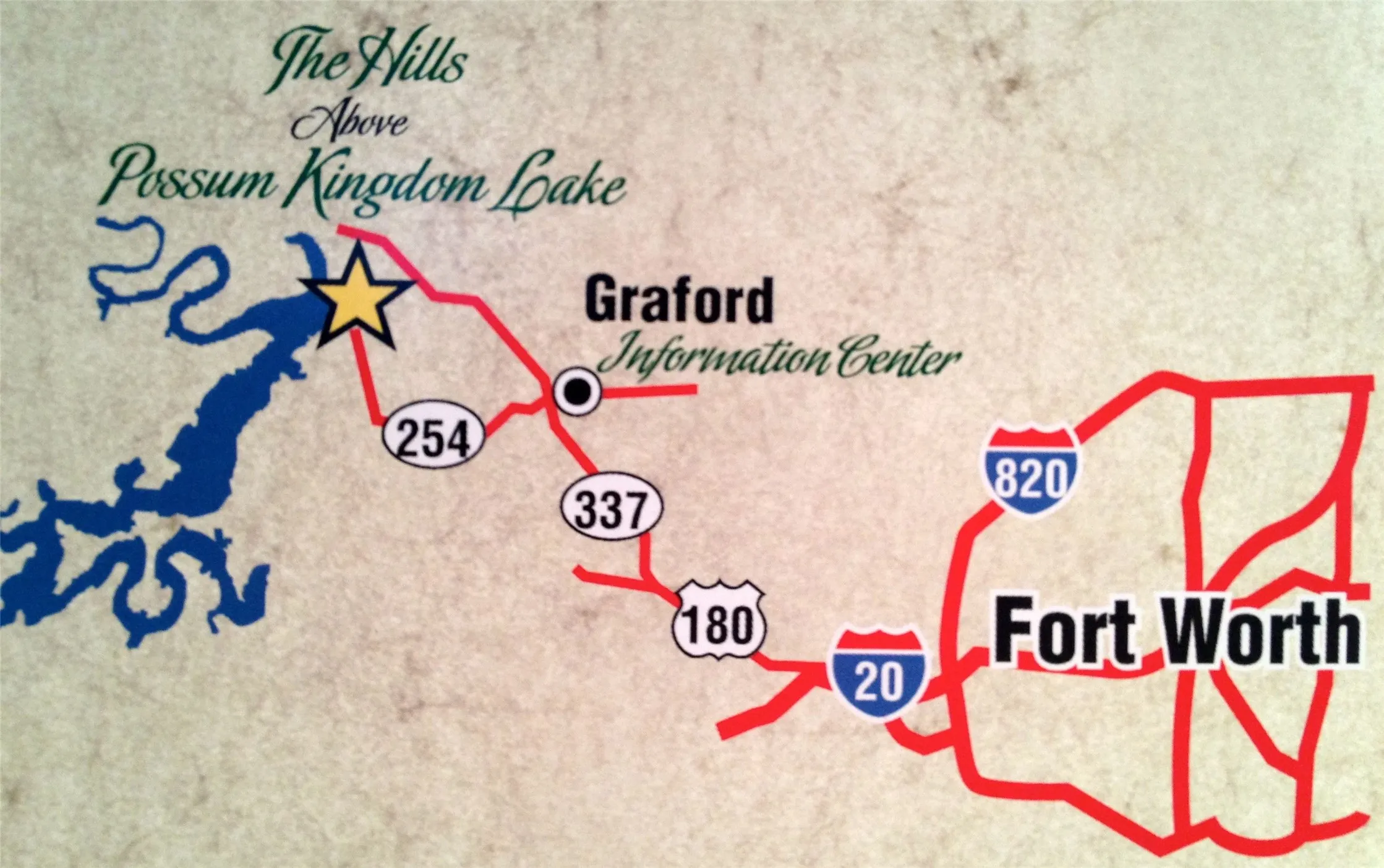 The Hills above Possum Kingdom Lake is approx 90 miles west of Ft Worth.