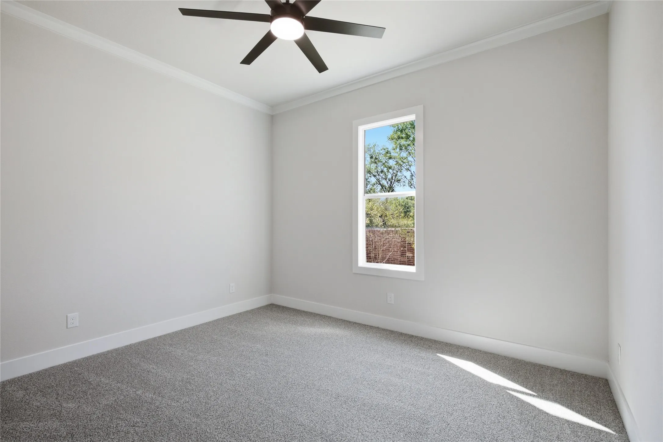 Plush gray carpeting, crisp white wall paint, crown molding, a window with white trim, and a ceiling fan with integrated lighting