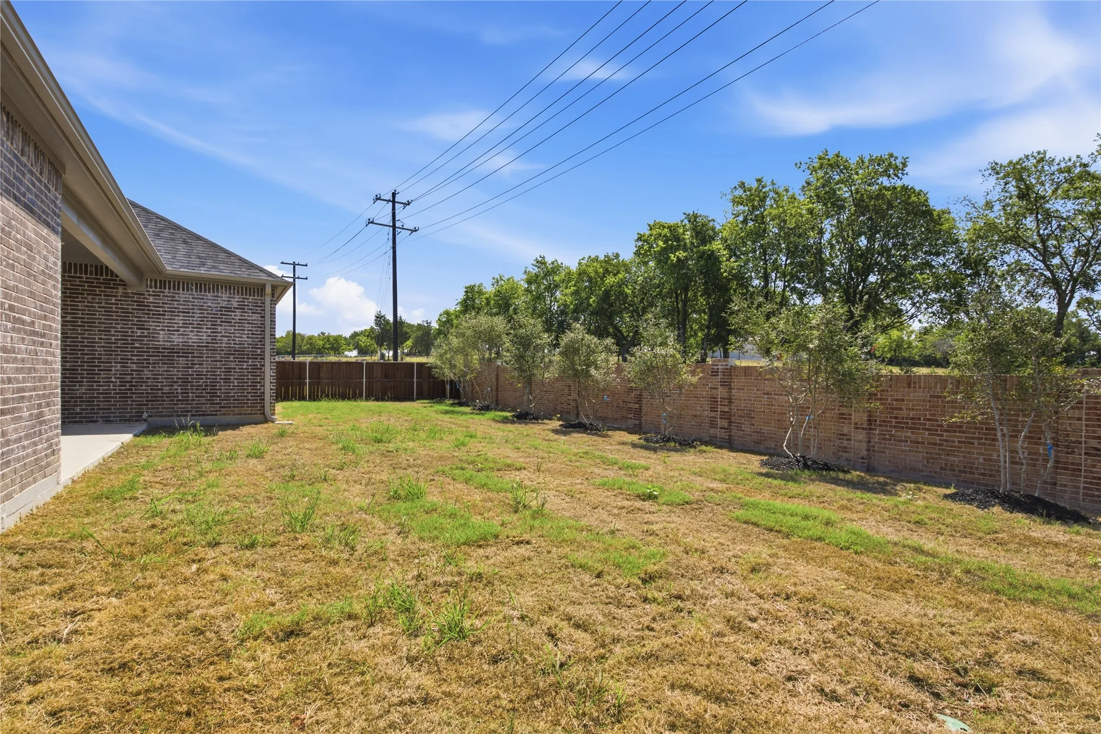 Expansive exterior featuring a brick facade, concrete patio, and a privacy brick fence with young trees