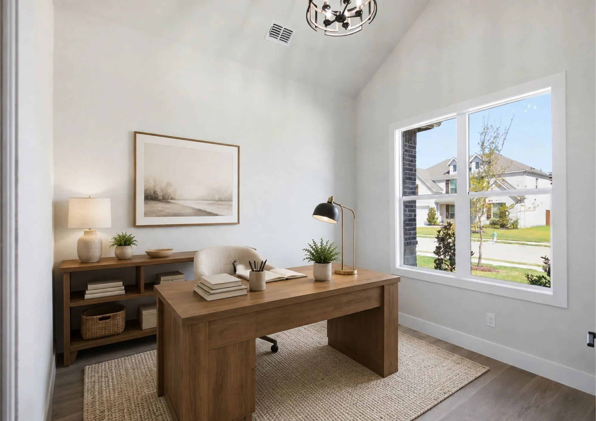 Virtually Staged.  Vaulted ceiling with an overhead light fixture, large window with white trim, wood-finish flooring, and light-toned walls