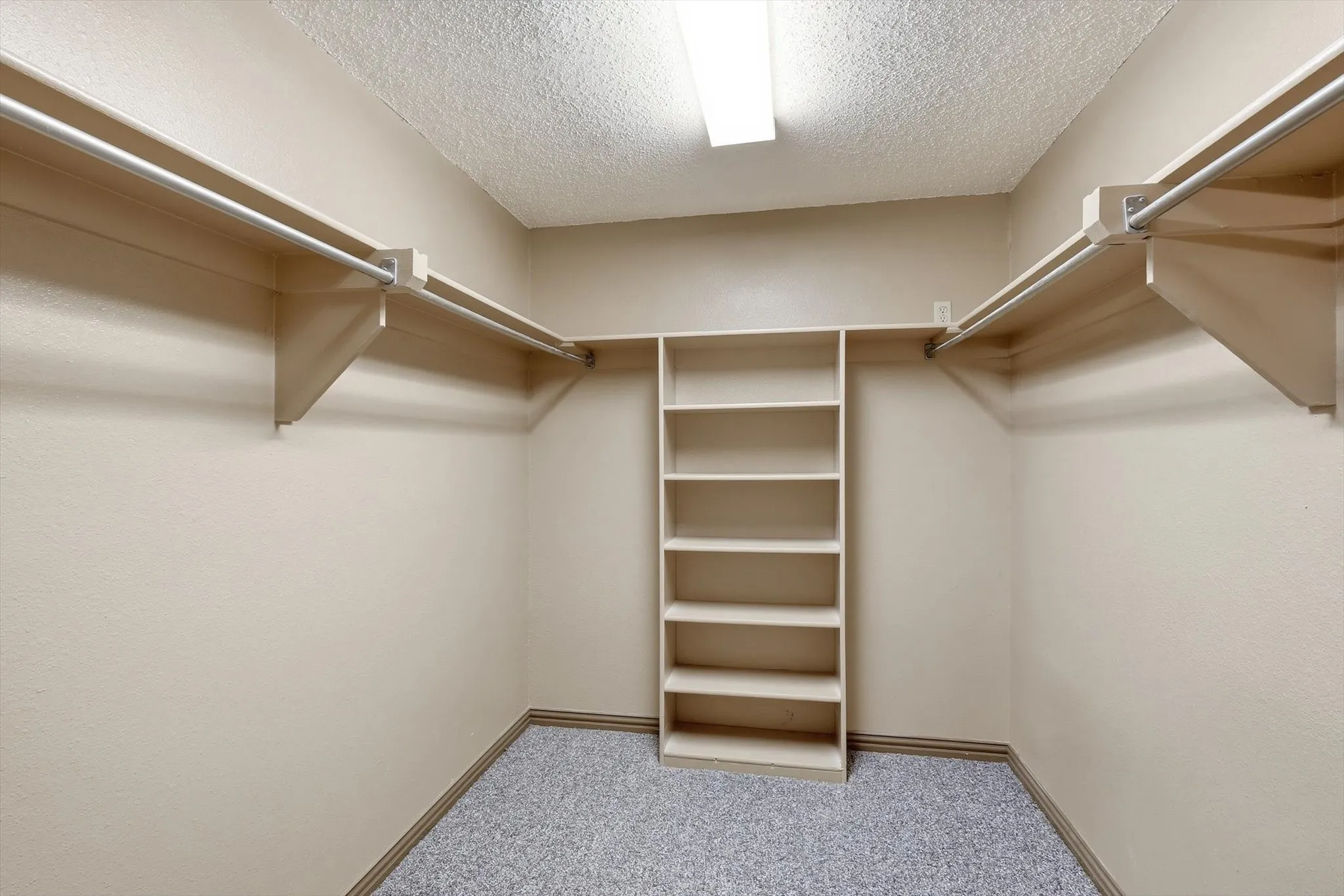 Walk in closet with light colored carpet