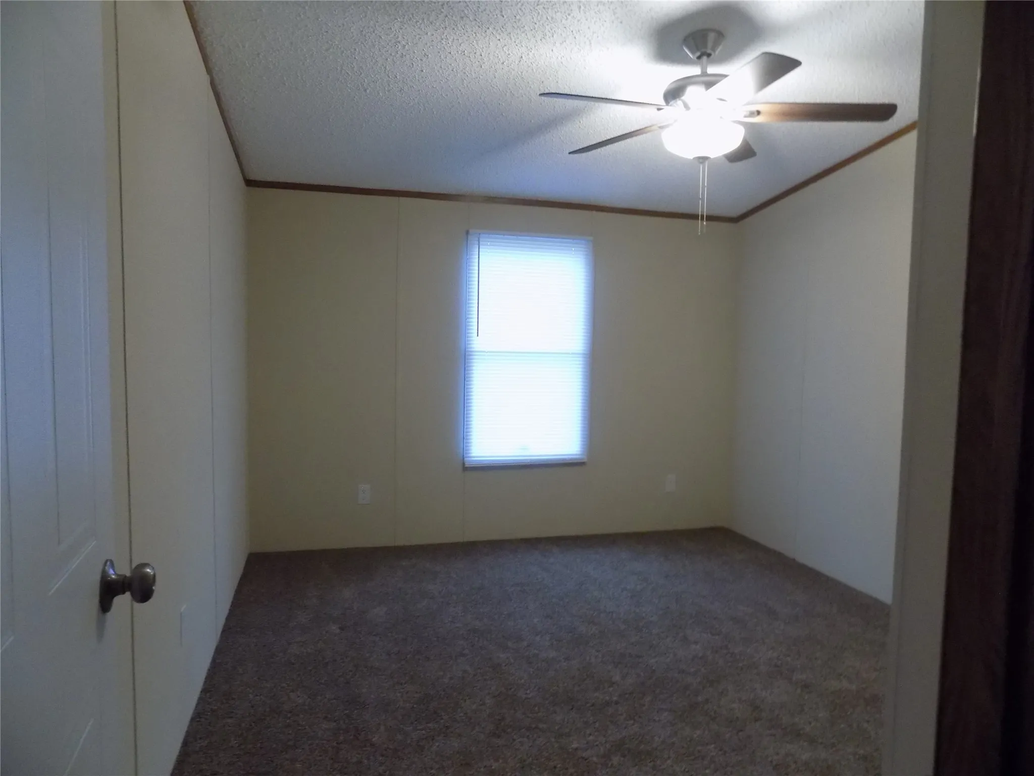 Carpeted secondary bedroom with good window light and ceiling fan.
