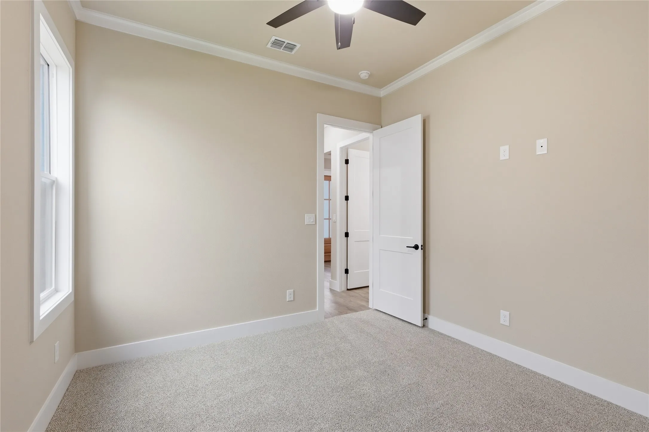 Neutral-toned room with light gray carpeting and white trim