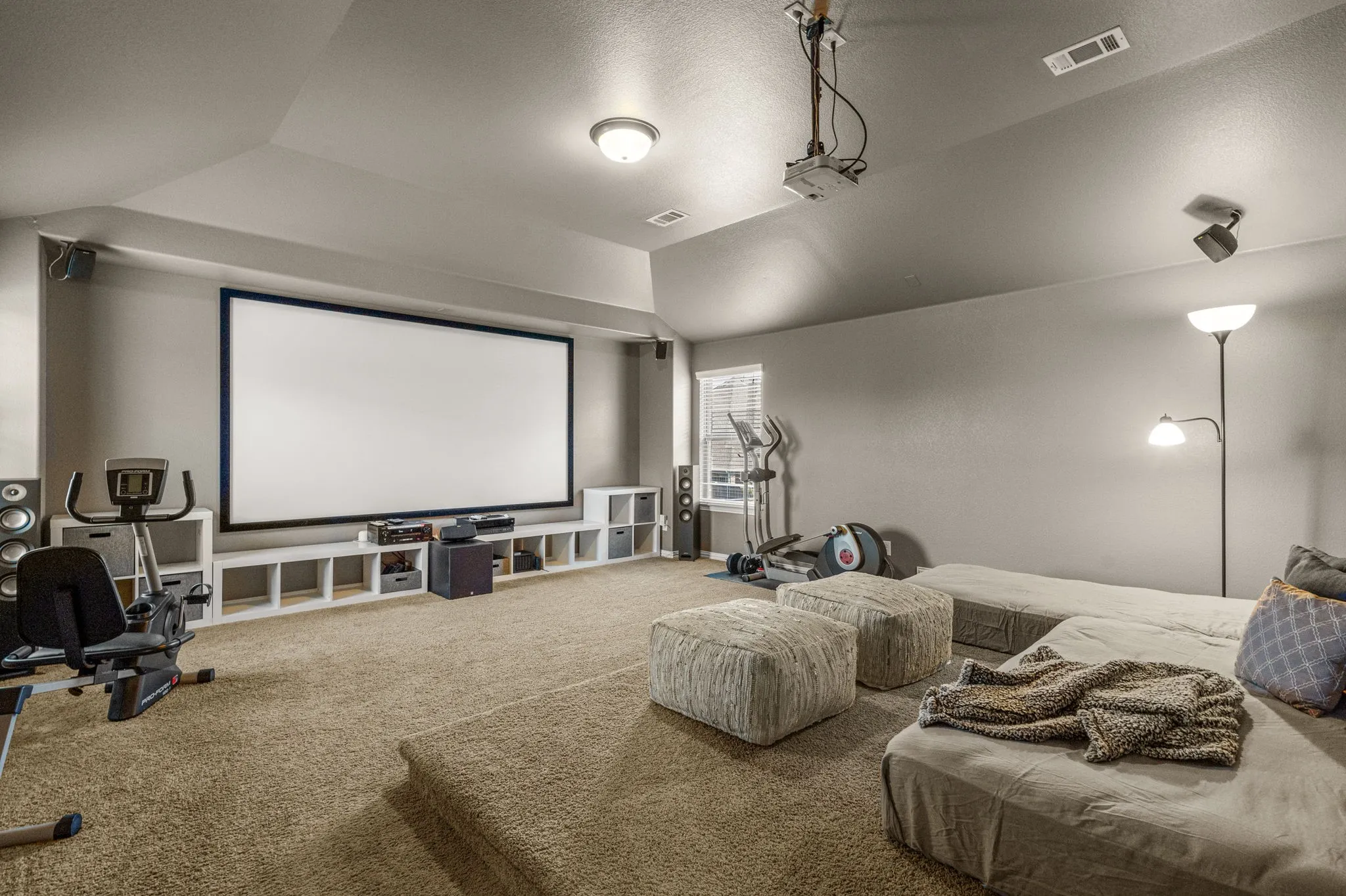 Carpeted cinema with vaulted ceiling